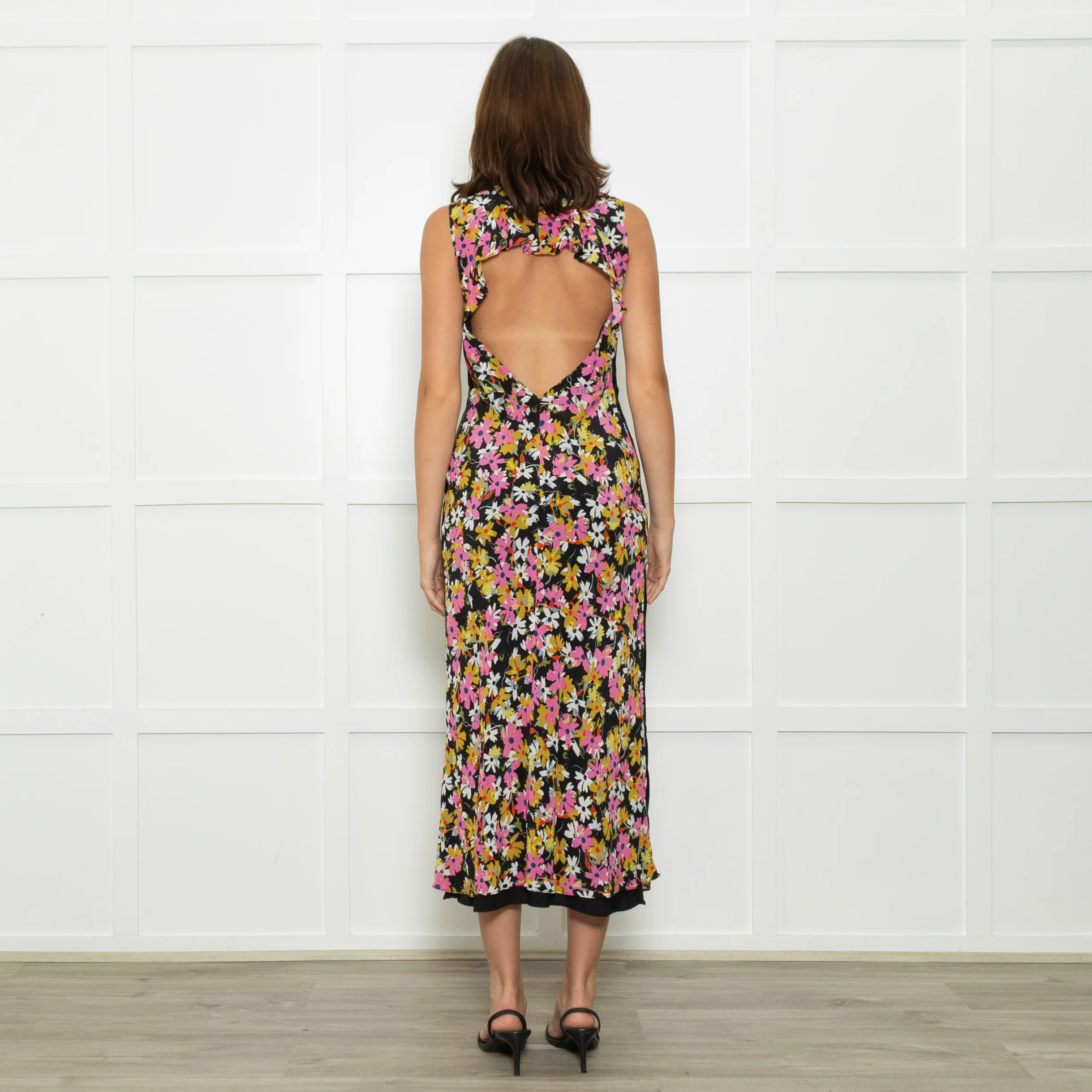 Saloni Black Pink White Floral Open Back Long Dress - Image 5