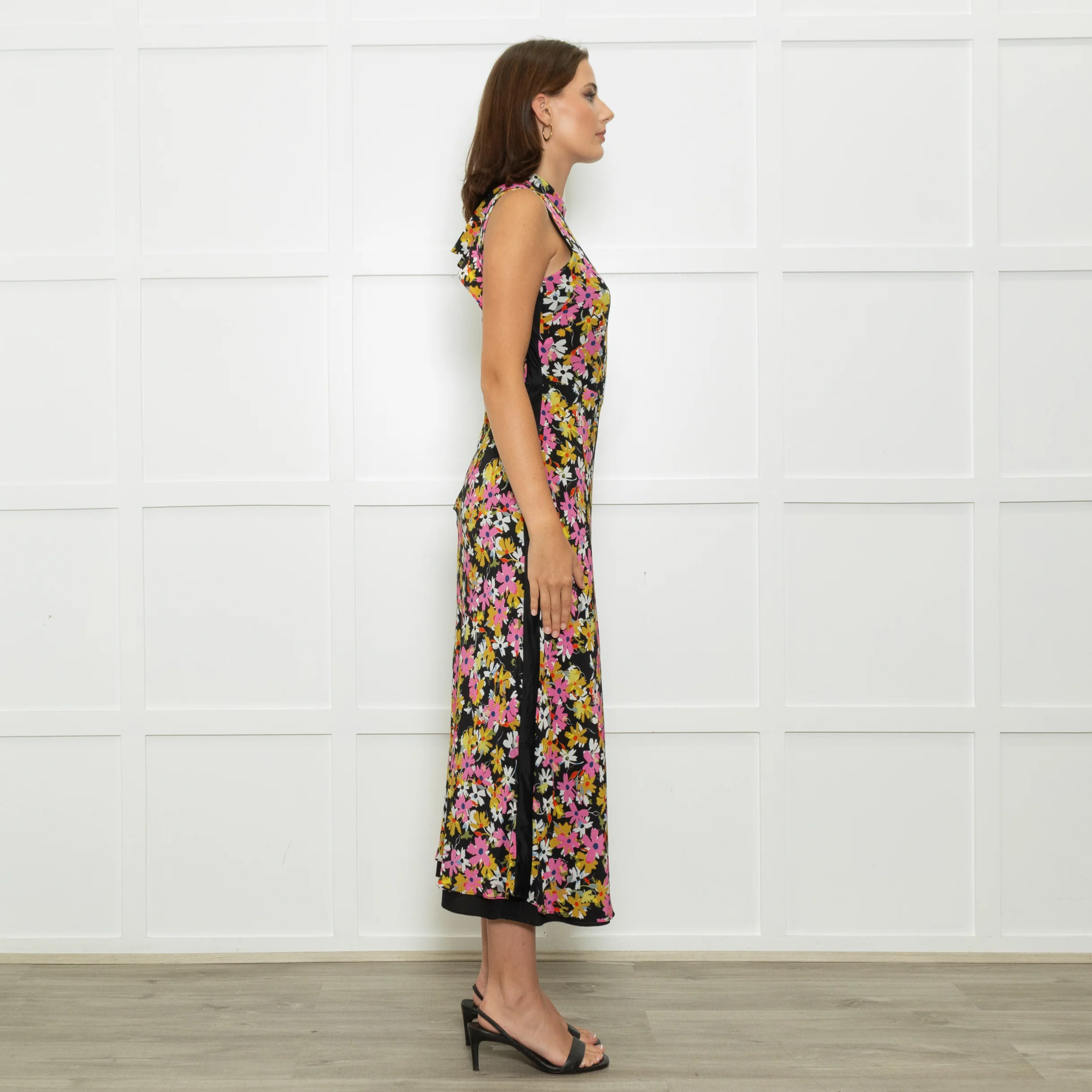 Saloni Black Pink White Floral Open Back Long Dress - Image 6