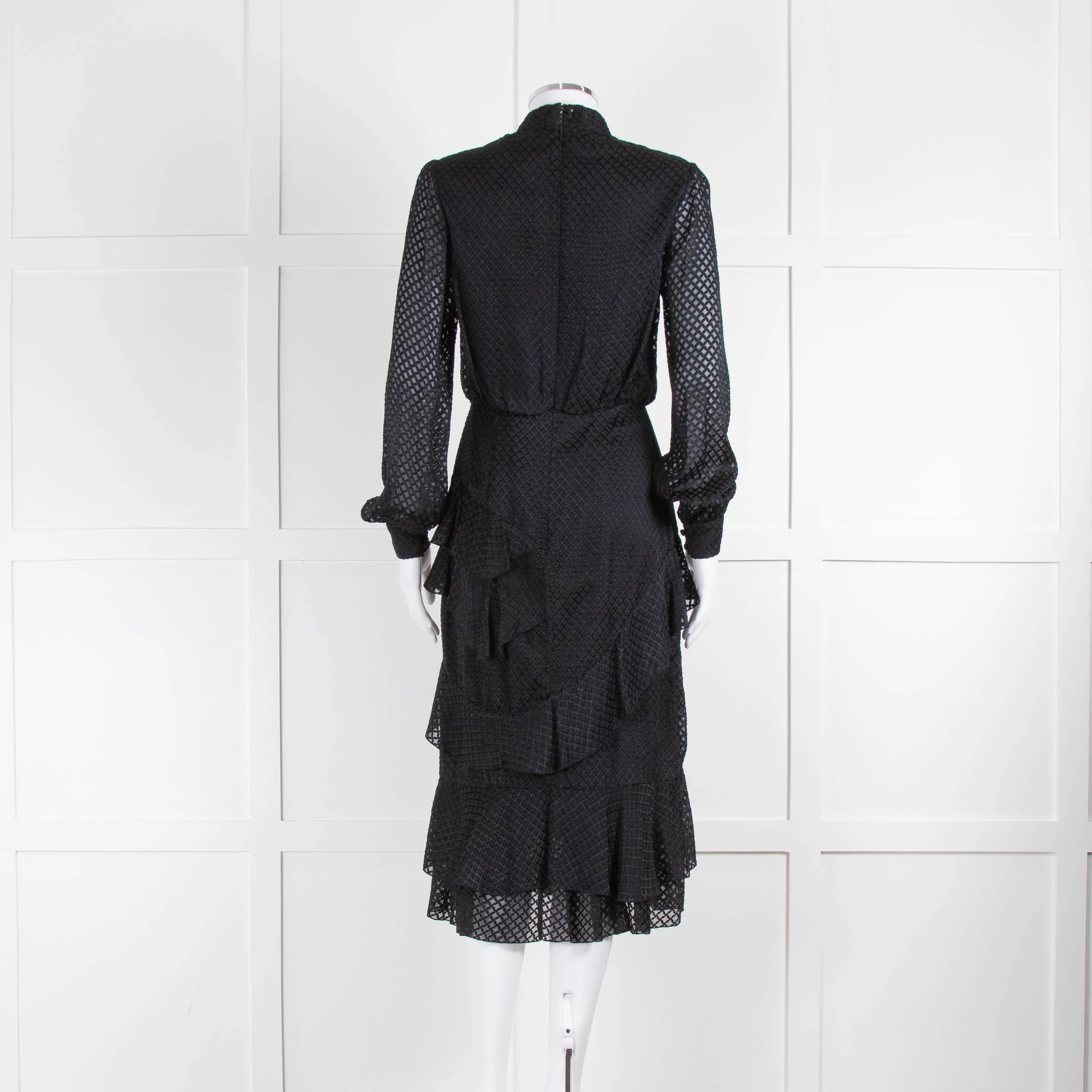 Saloni Black Satin Devoree Diamond Patterned Sheer Arms Dress - Image 3