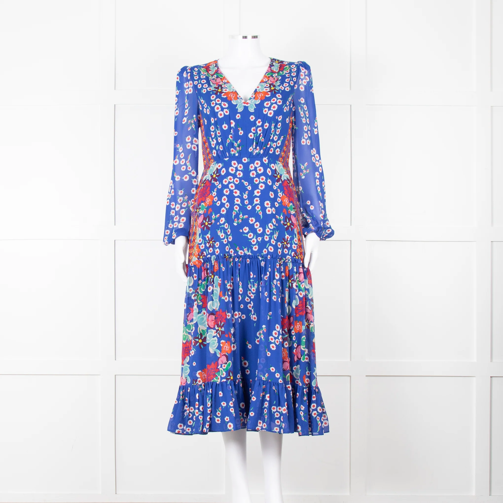 Saloni Blue Long Sleeve Floral Midi Dress with Tiered Skirt,