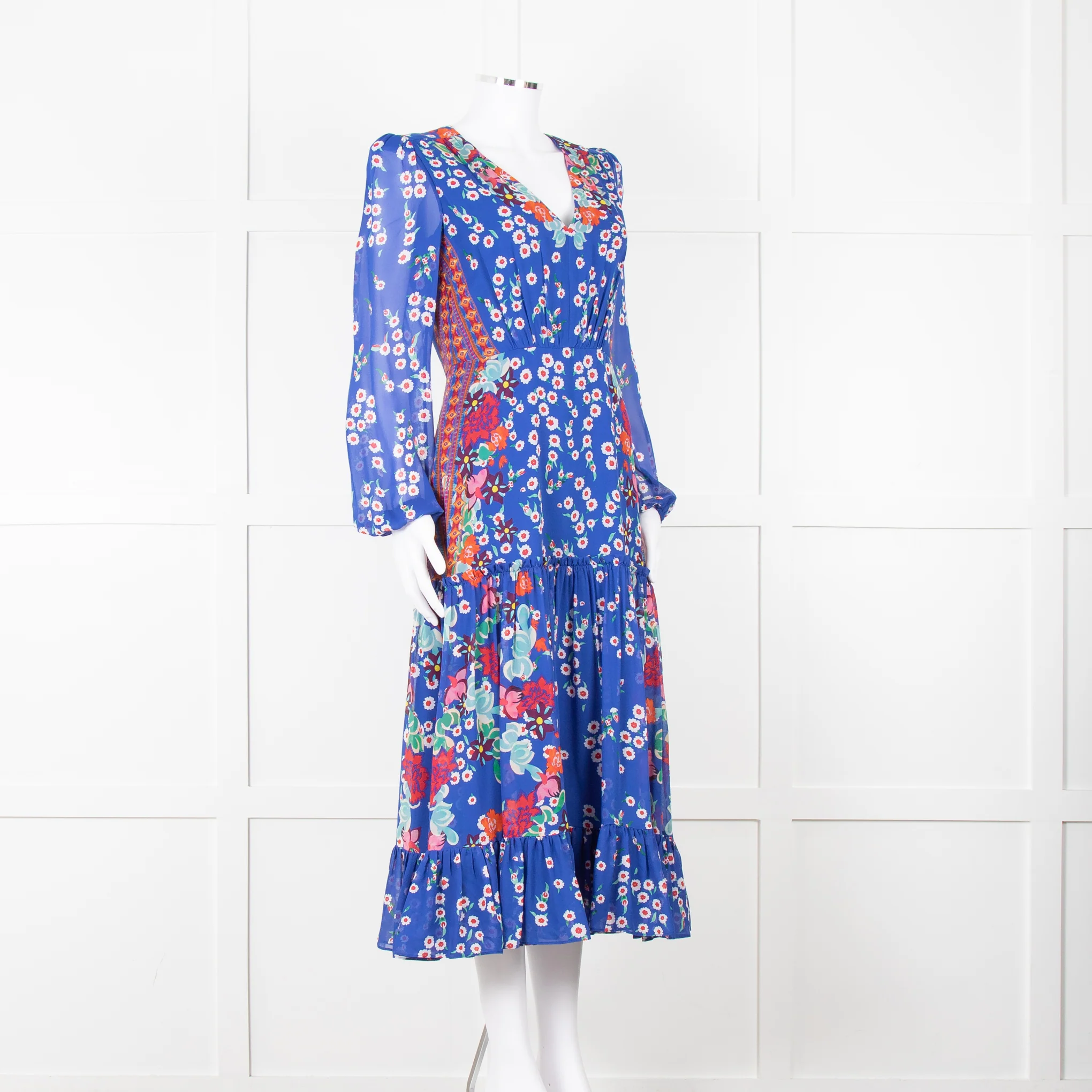 Saloni Blue Long Sleeve Floral Midi Dress with Tiered Skirt, - Image 2