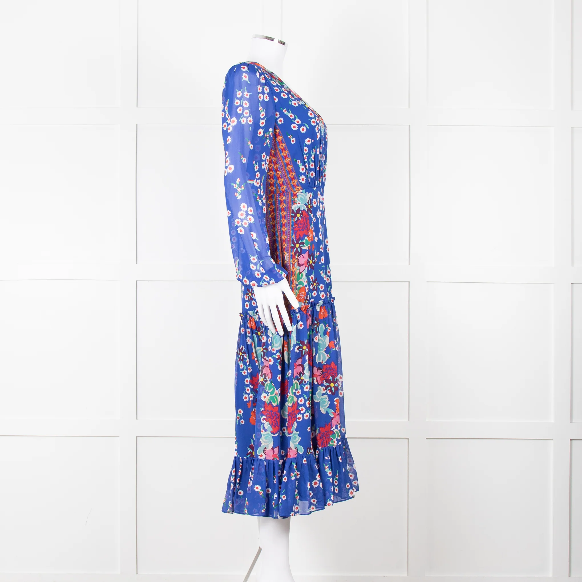 Saloni Blue Long Sleeve Floral Midi Dress with Tiered Skirt, - Image 3