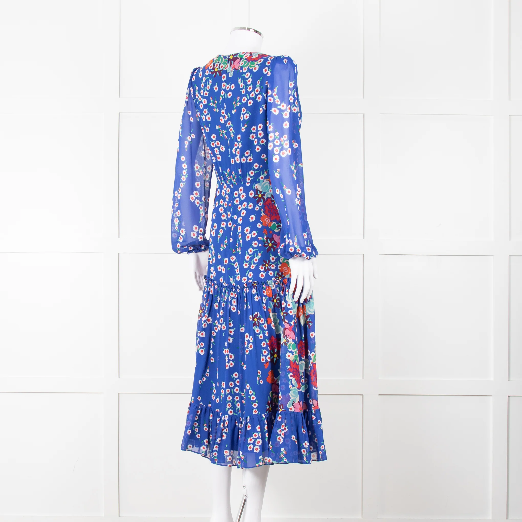 Saloni Blue Long Sleeve Floral Midi Dress with Tiered Skirt, - Image 4