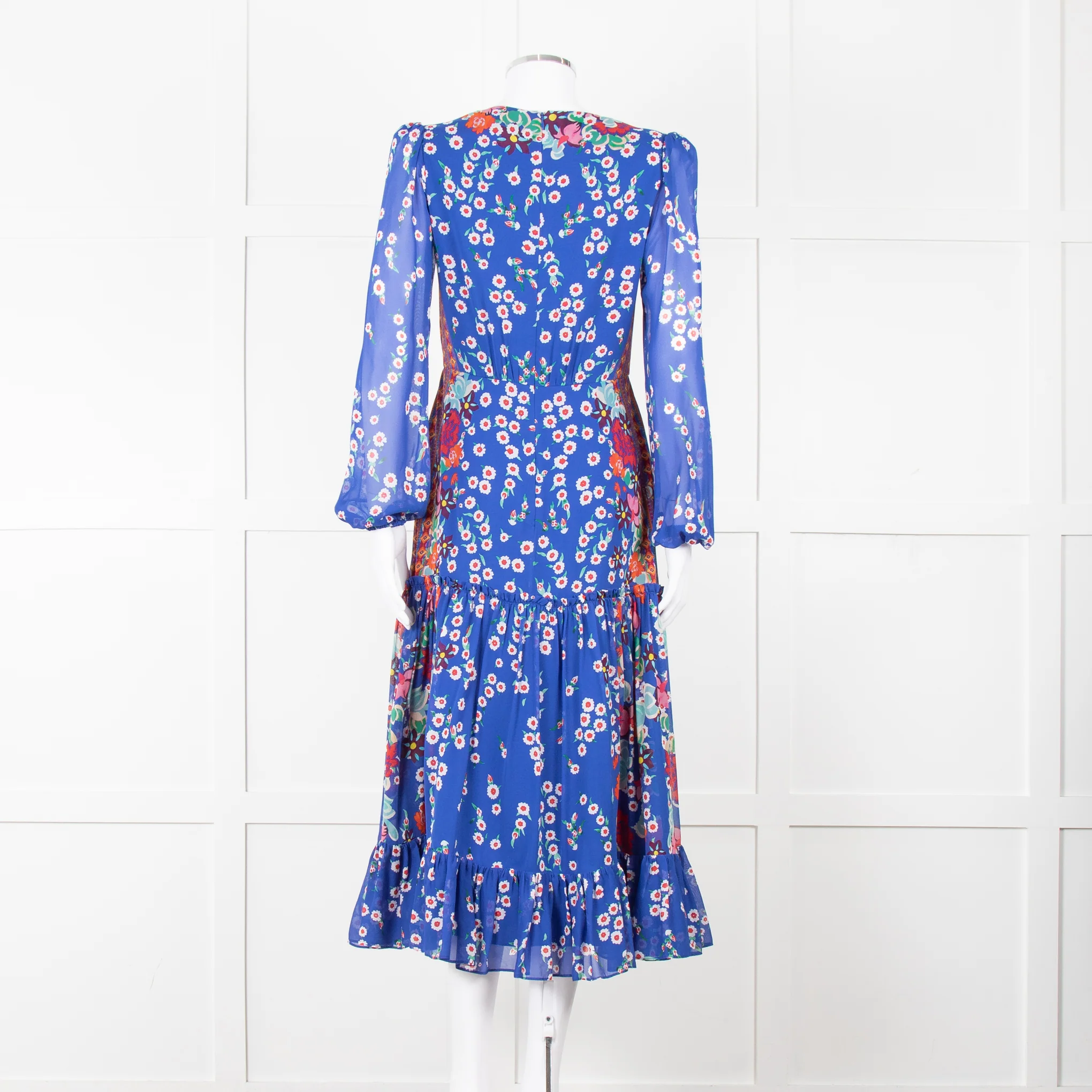 Saloni Blue Long Sleeve Floral Midi Dress with Tiered Skirt, - Image 5