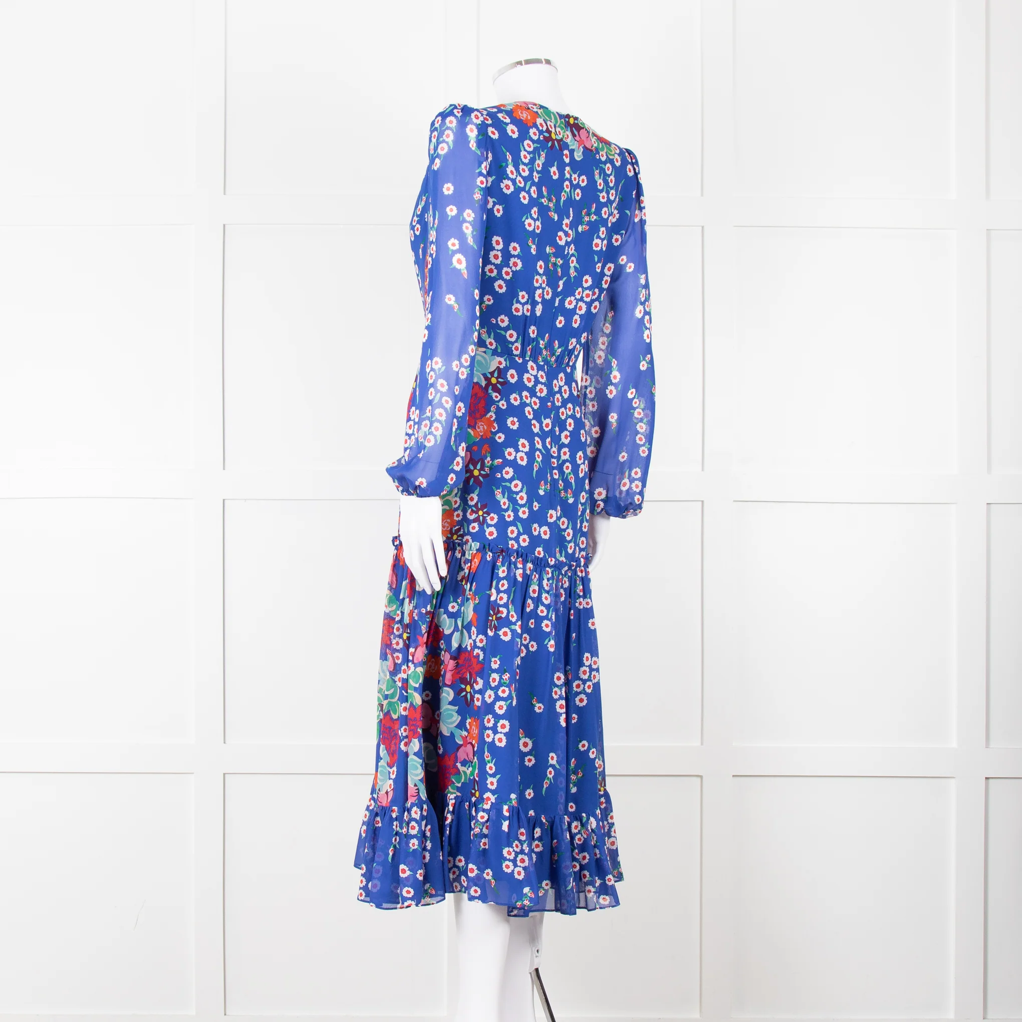 Saloni Blue Long Sleeve Floral Midi Dress with Tiered Skirt, - Image 6