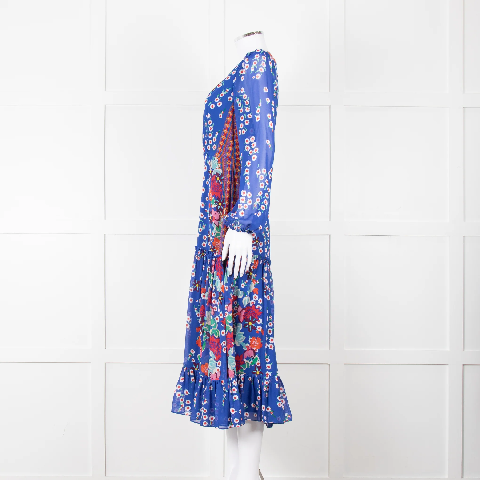 Saloni Blue Long Sleeve Floral Midi Dress with Tiered Skirt, - Image 7