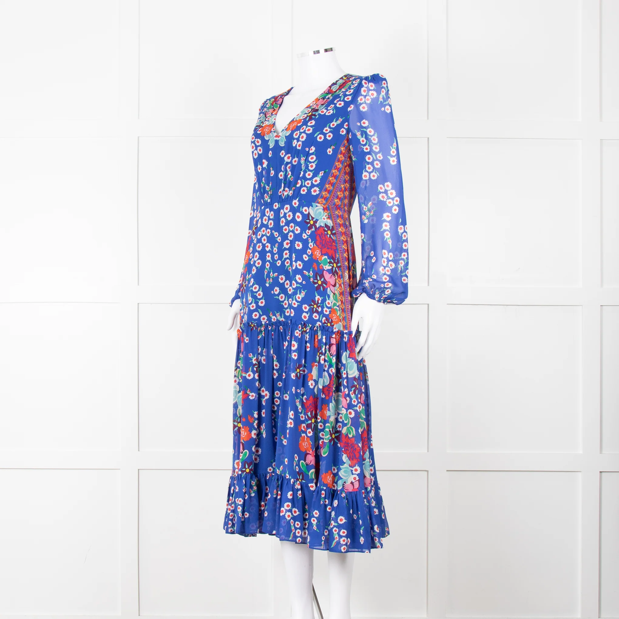 Saloni Blue Long Sleeve Floral Midi Dress with Tiered Skirt, - Image 8