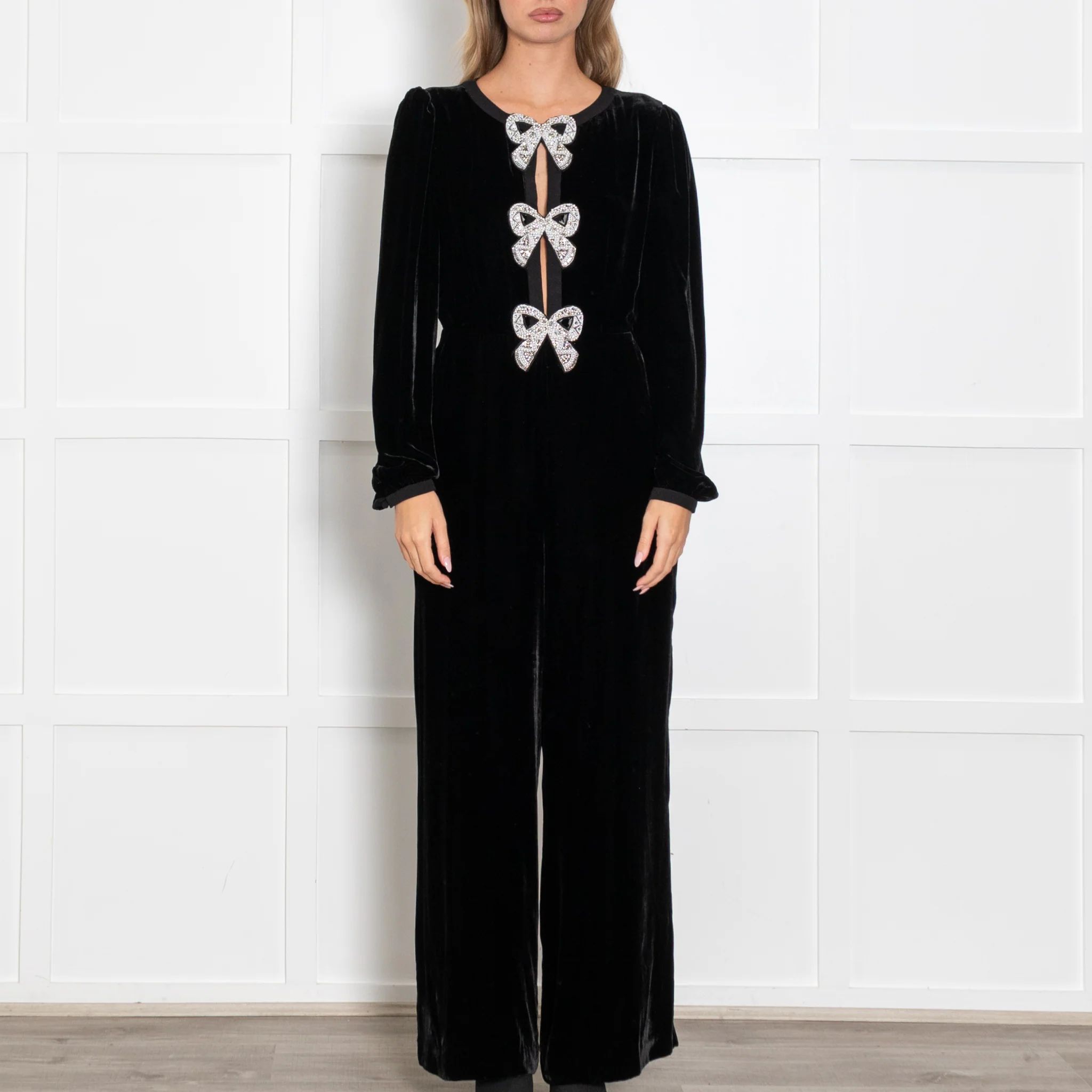 Saloni Camille Black Velvet Bow Embroidery Jumpsuit - Image 2