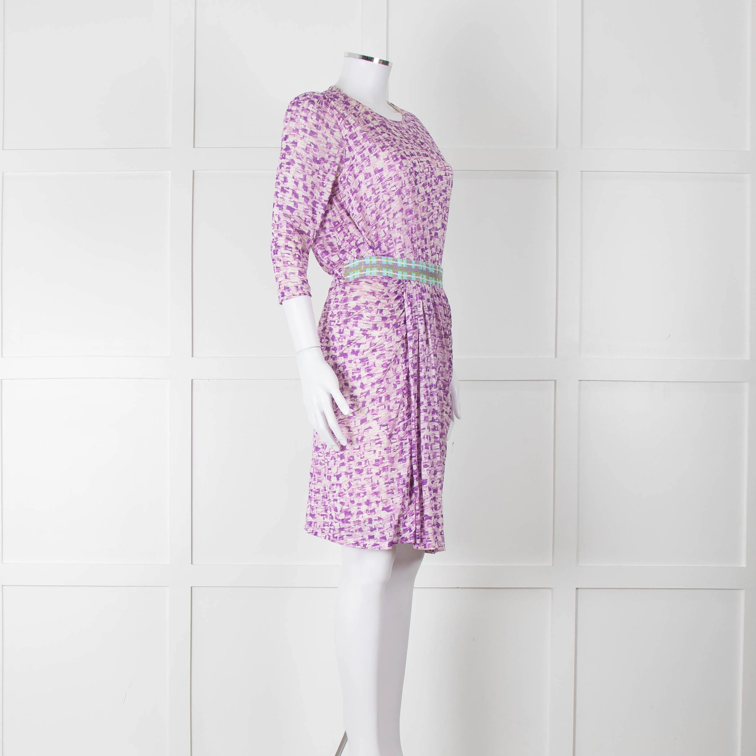 Saloni Cream Lilac Turquoise Sequin Waist Detail Silk Jersey Dress - Image 2