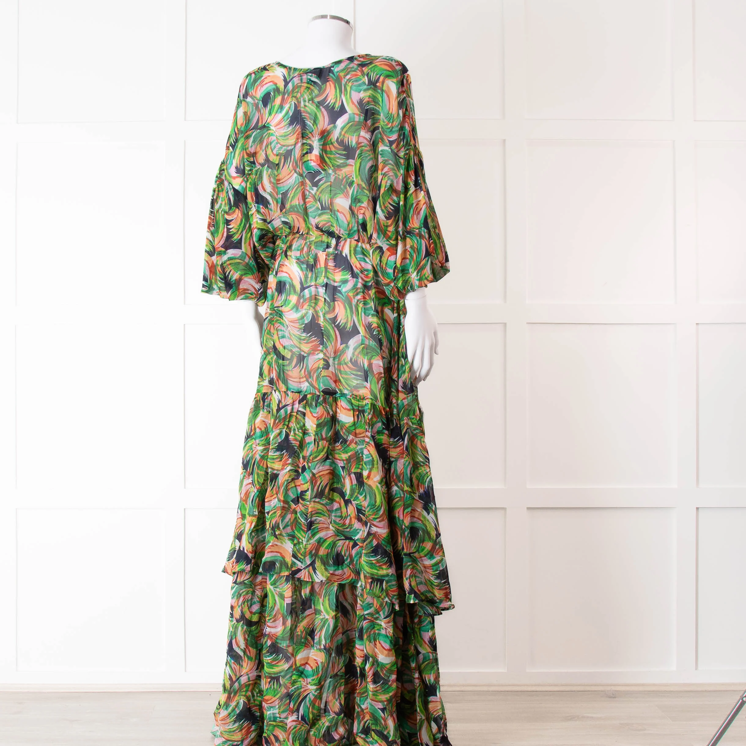 Saloni Green Orange Abstract Floral Print Silk Maxi Dress - Image 4