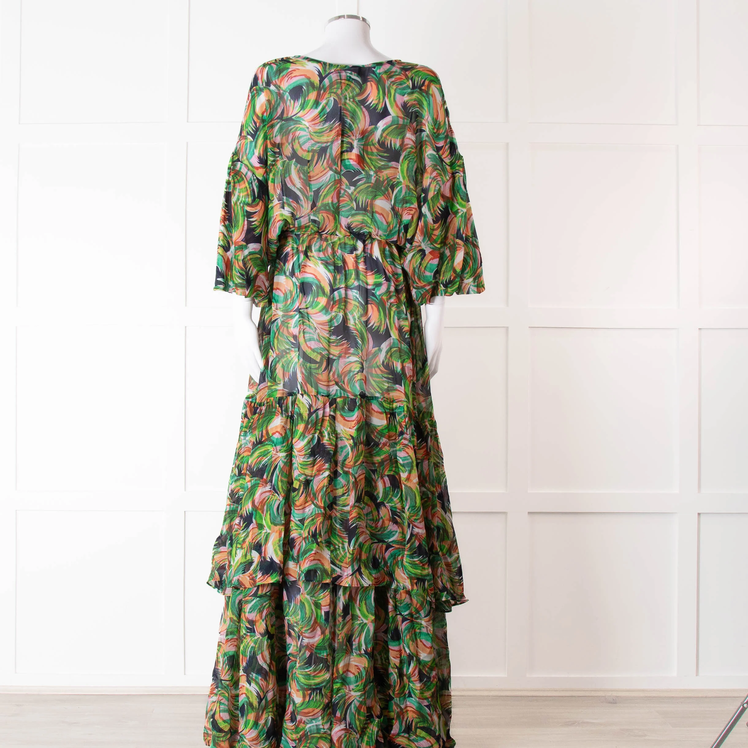 Saloni Green Orange Abstract Floral Print Silk Maxi Dress - Image 5