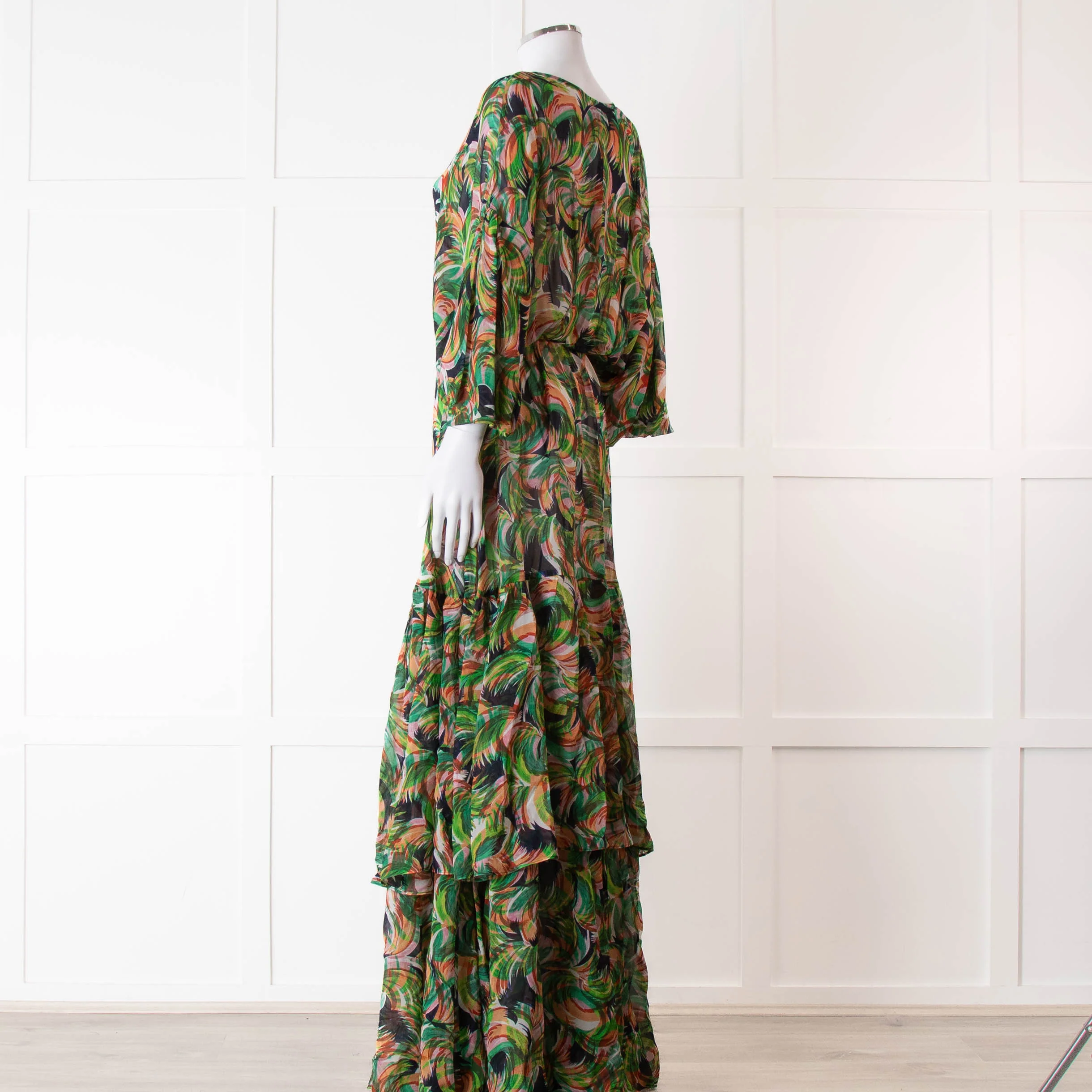 Saloni Green Orange Abstract Floral Print Silk Maxi Dress - Image 6