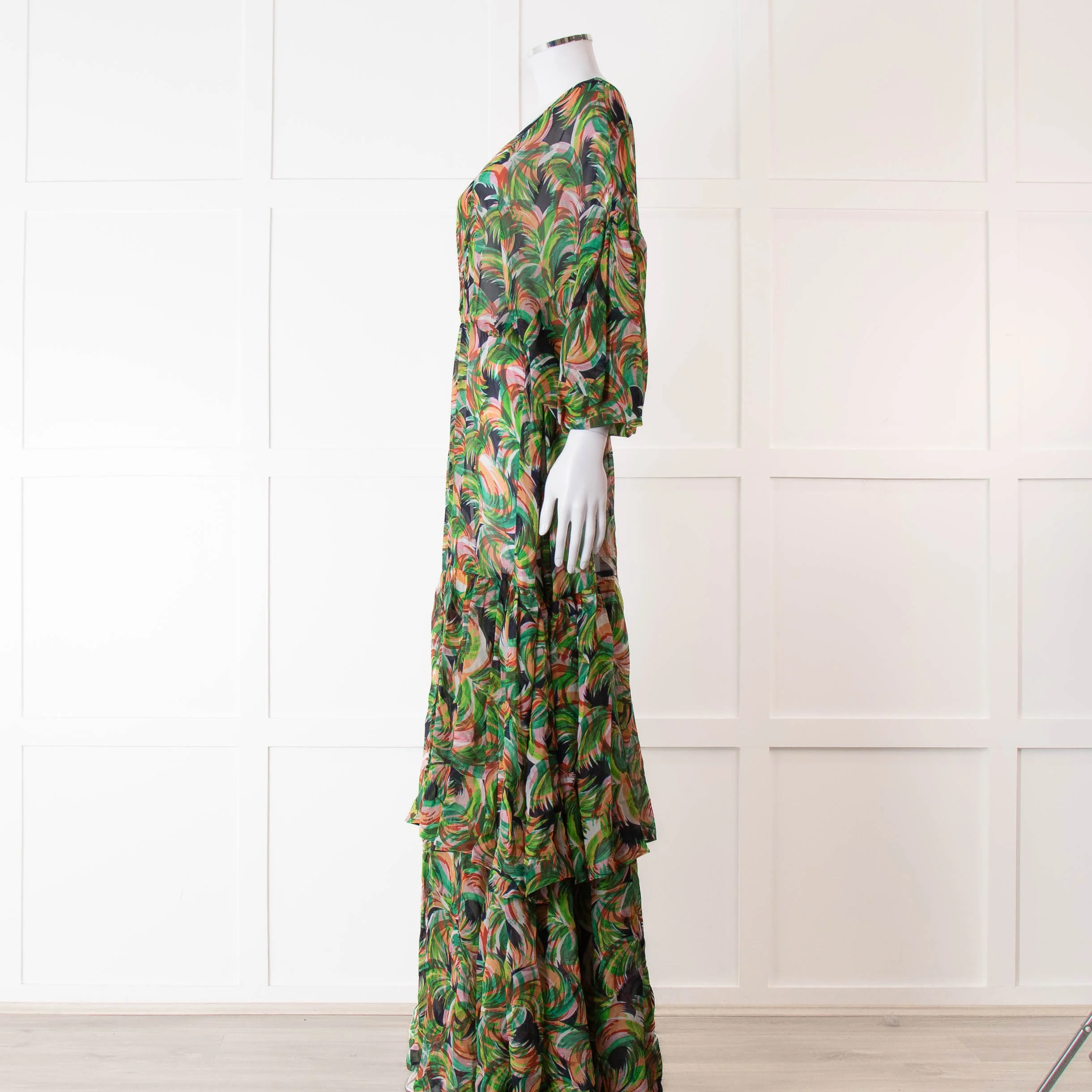 Saloni Green Orange Abstract Floral Print Silk Maxi Dress - Image 7