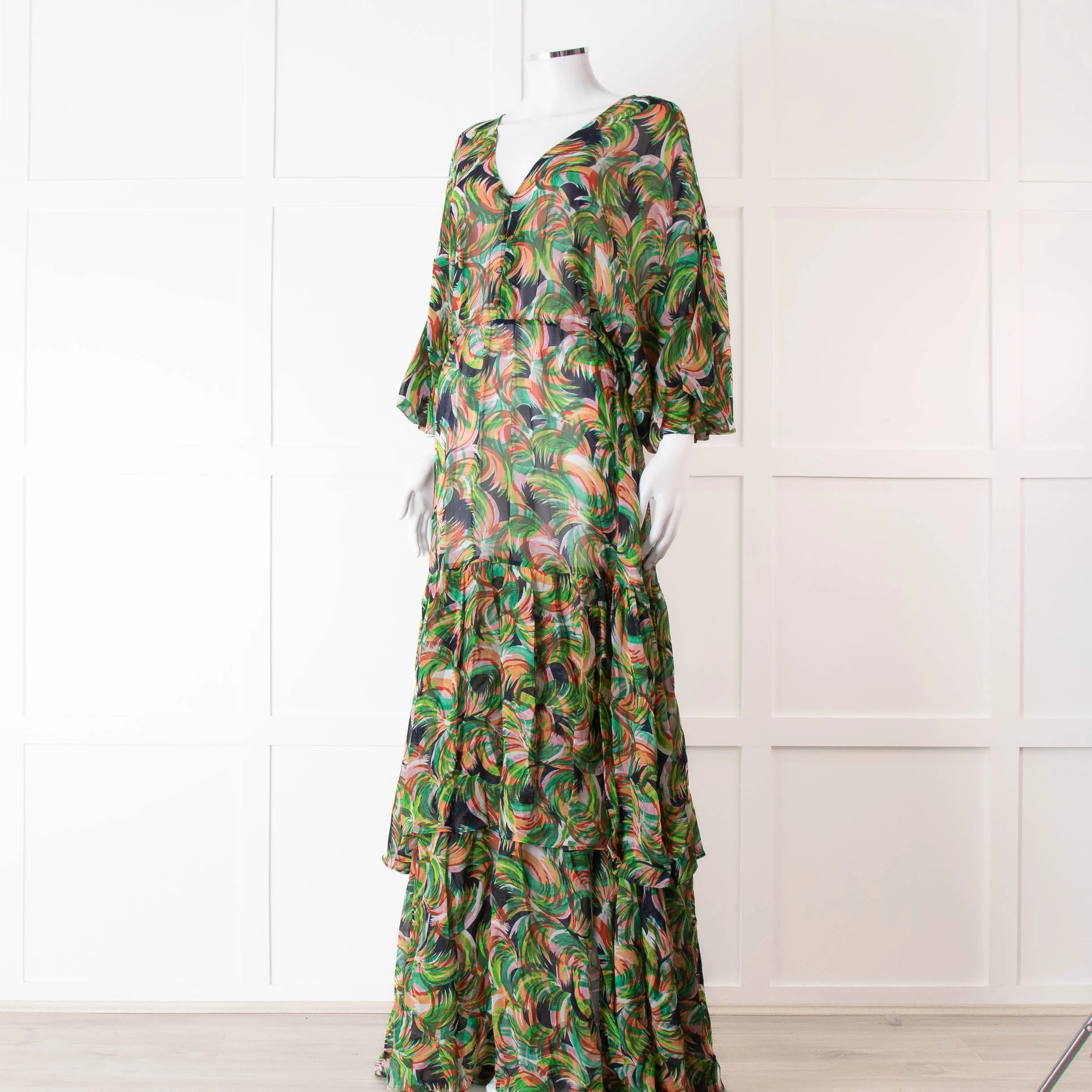 Saloni Green Orange Abstract Floral Print Silk Maxi Dress - Image 8