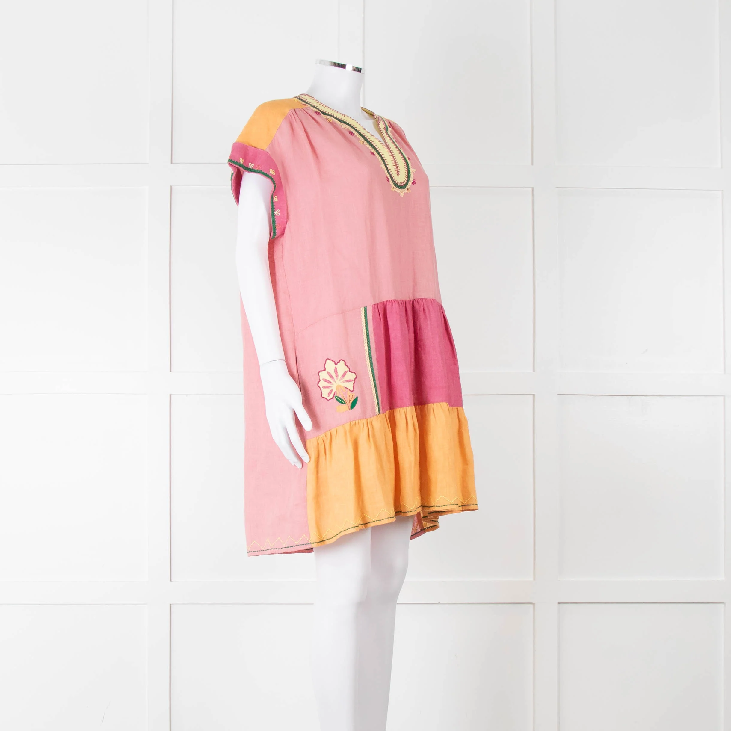 Saloni Pink Linen Tunic Mini Dress with Embroidery - Image 2
