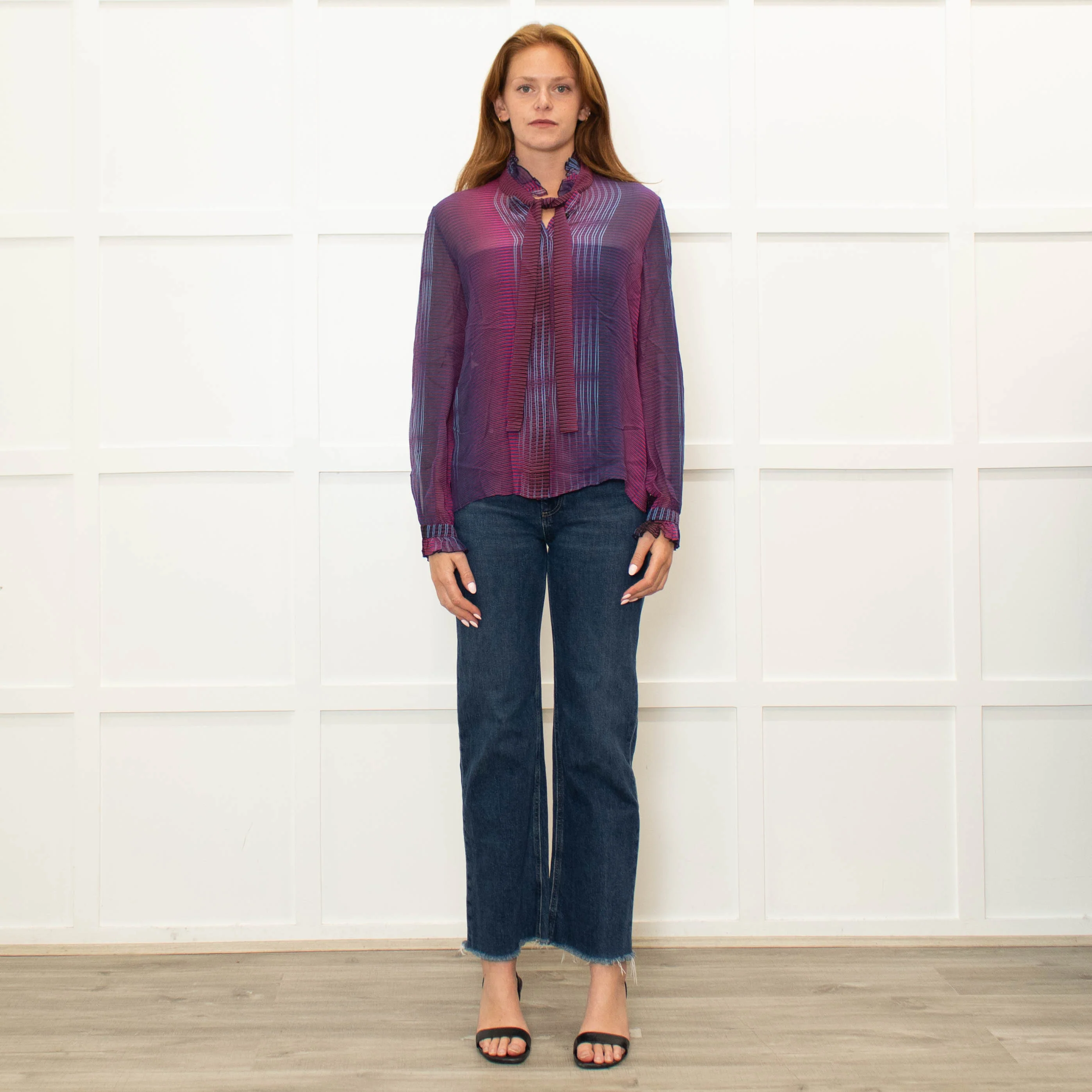 Saloni Purple Burgundy Silk Neck Tie Blouse