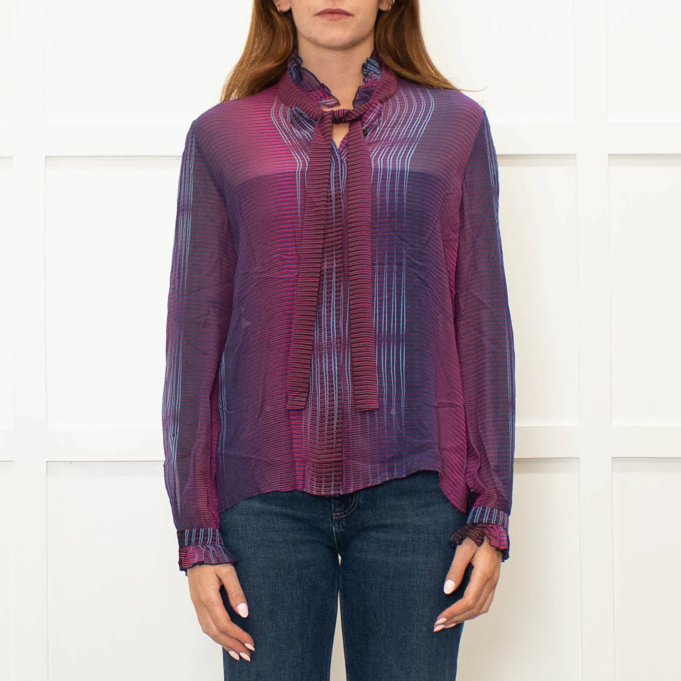 Saloni Purple Burgundy Silk Neck Tie Blouse - Image 7