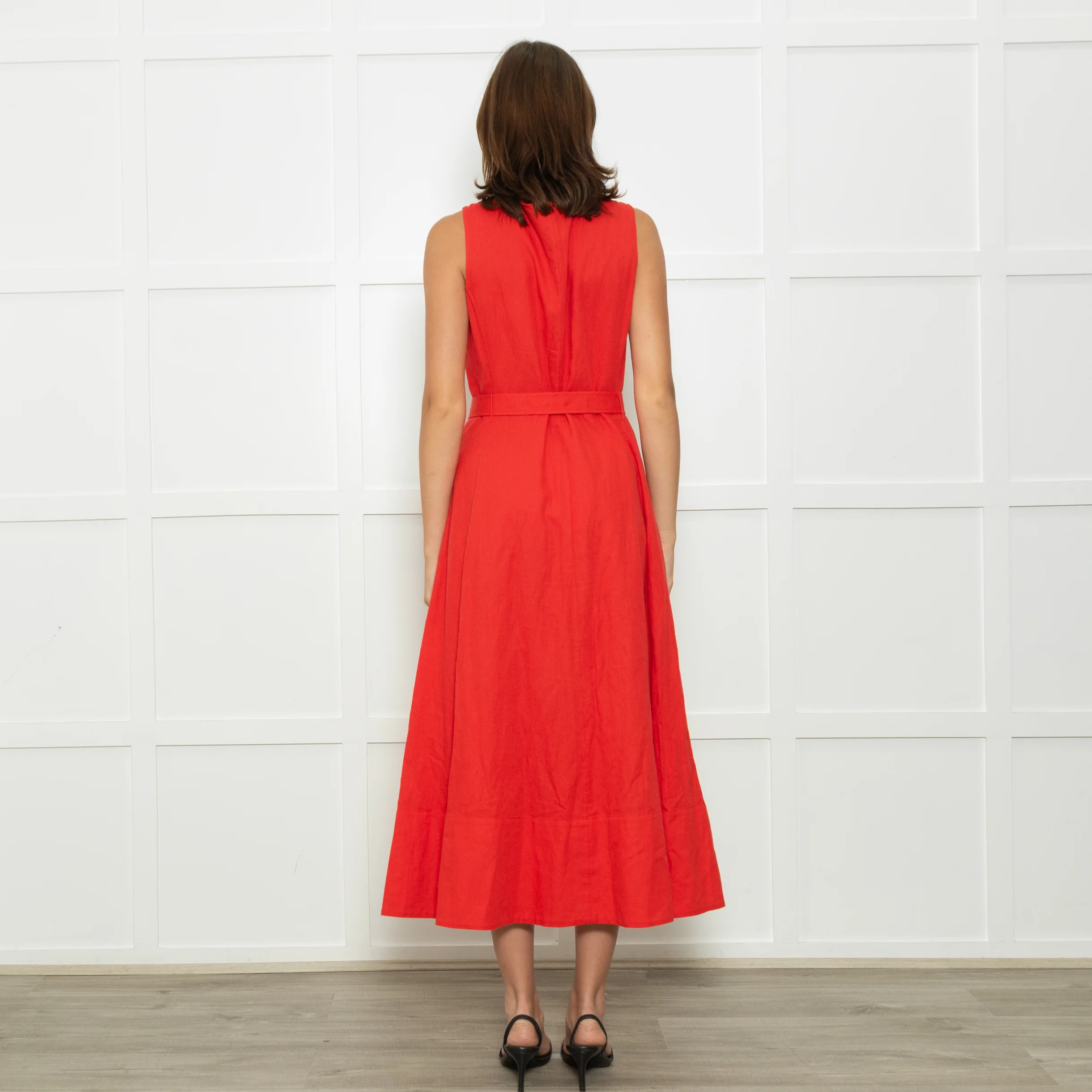 Saloni Red Button Up Sleeveless Belted Linen Blend Dress - Image 5