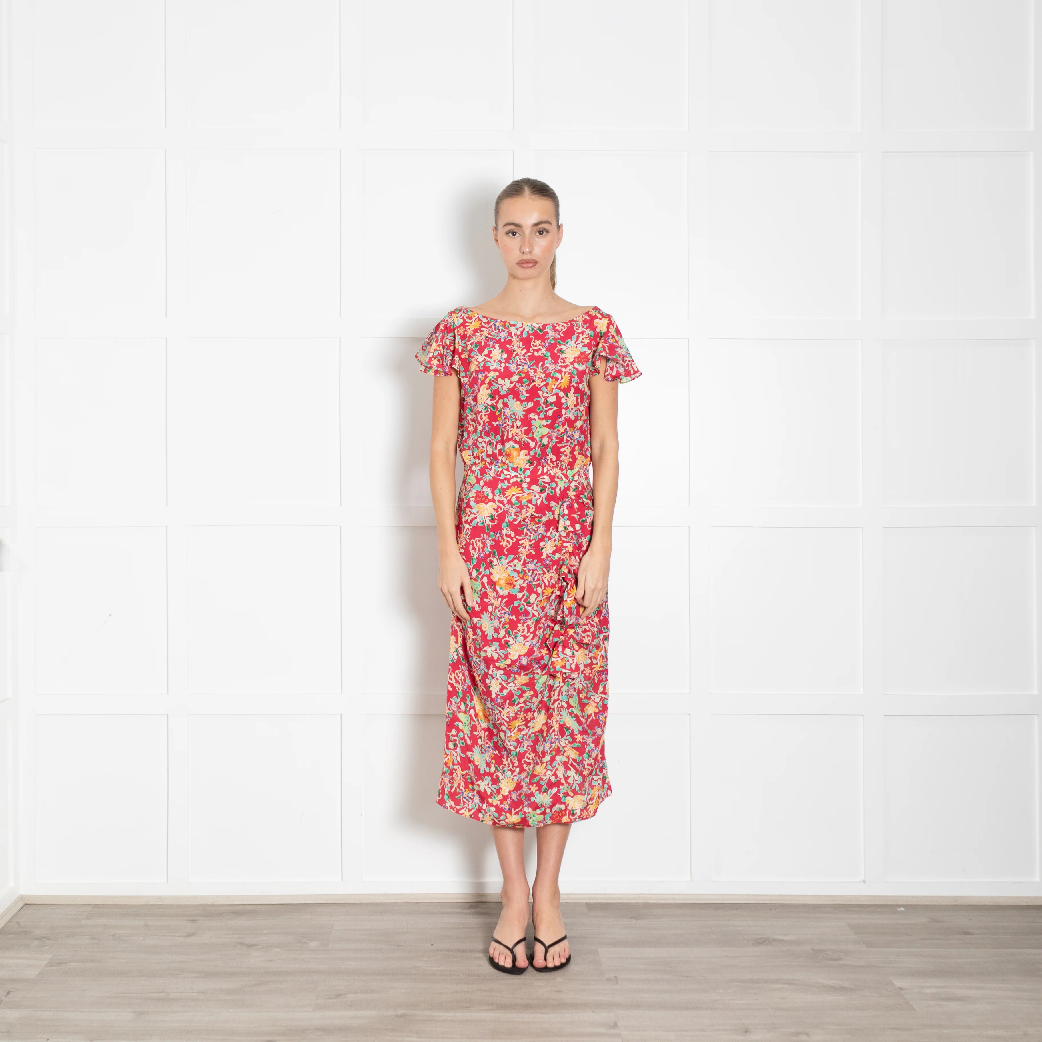 Saloni Red Green Floral Frill And Bow Detail Dress