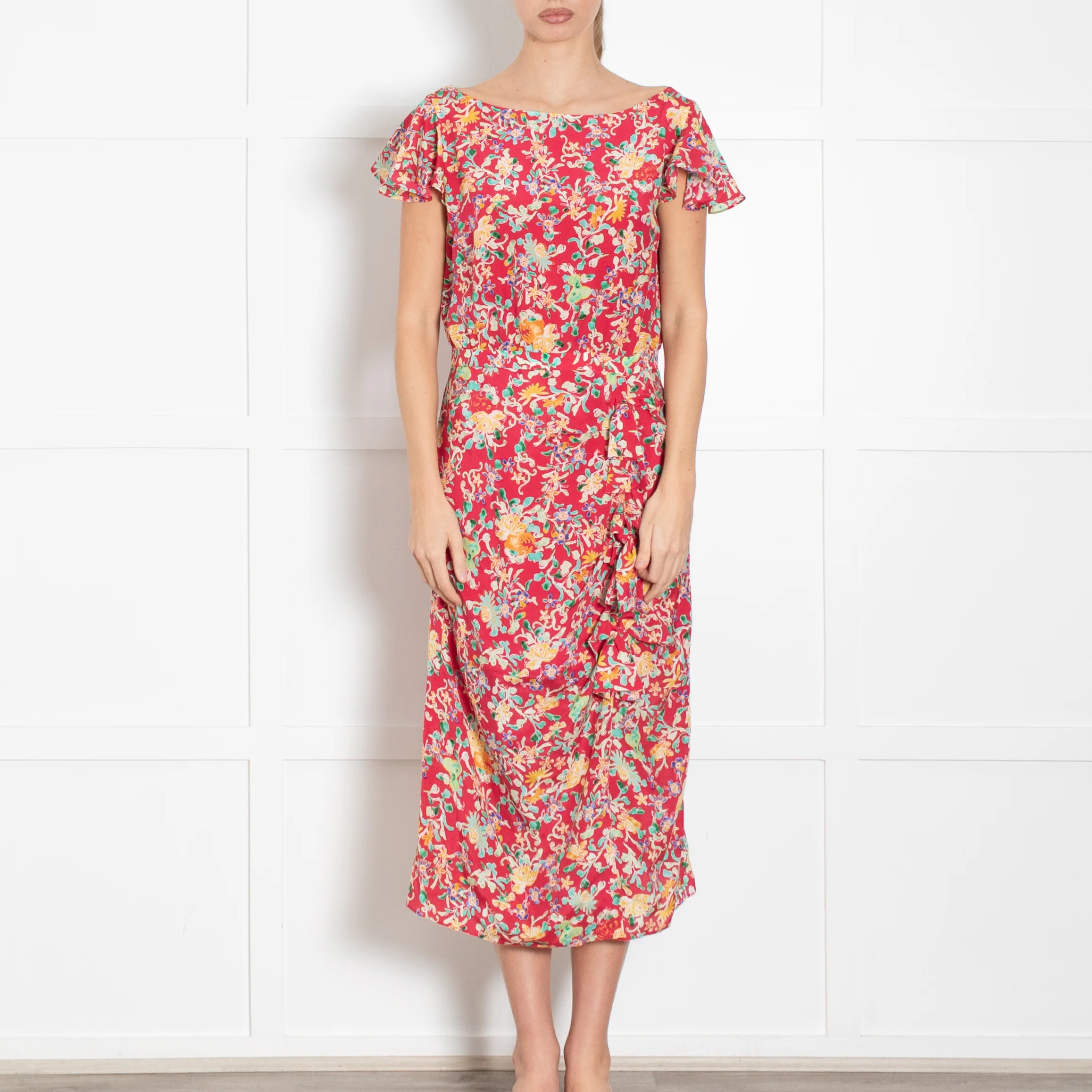 Saloni Red Green Floral Frill And Bow Detail Dress - Image 2