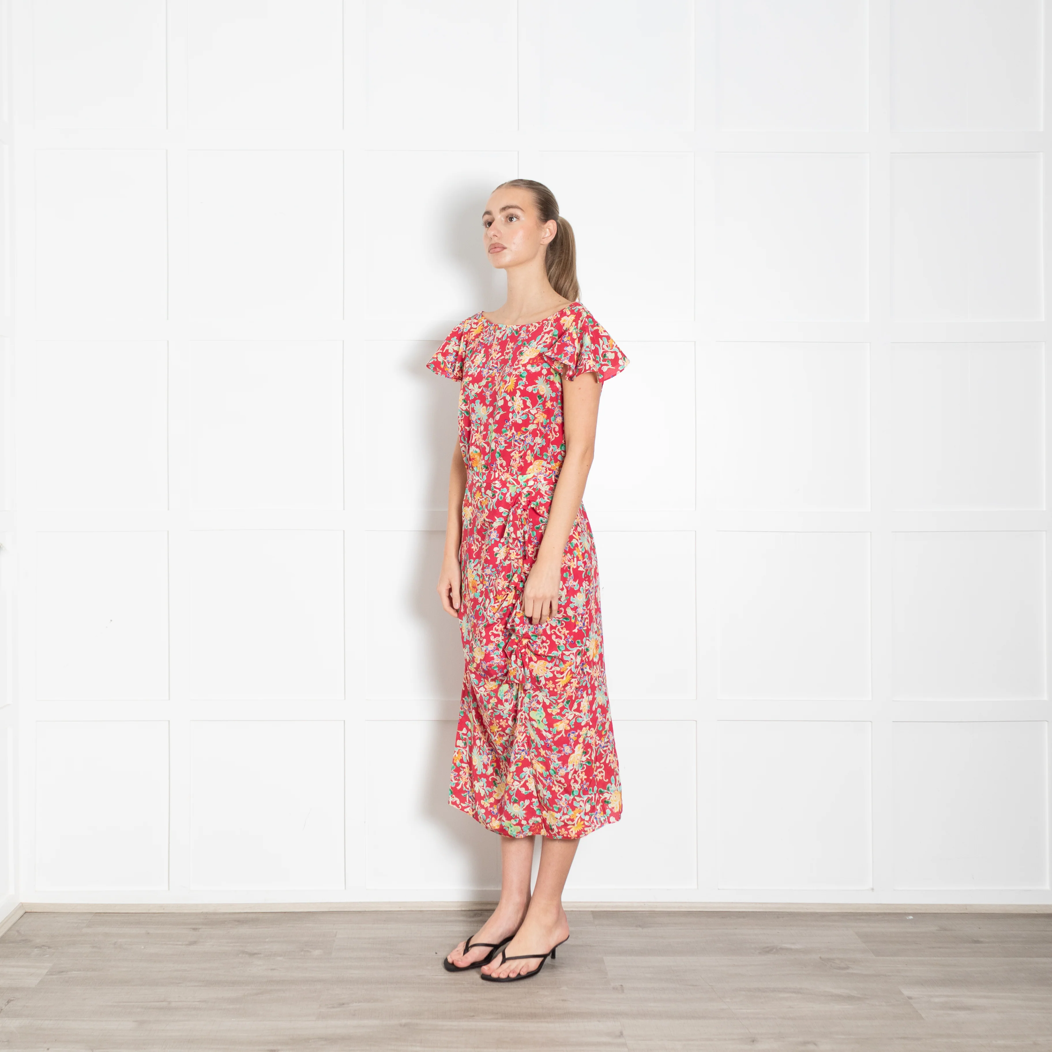 Saloni Red Green Floral Frill And Bow Detail Dress - Image 3