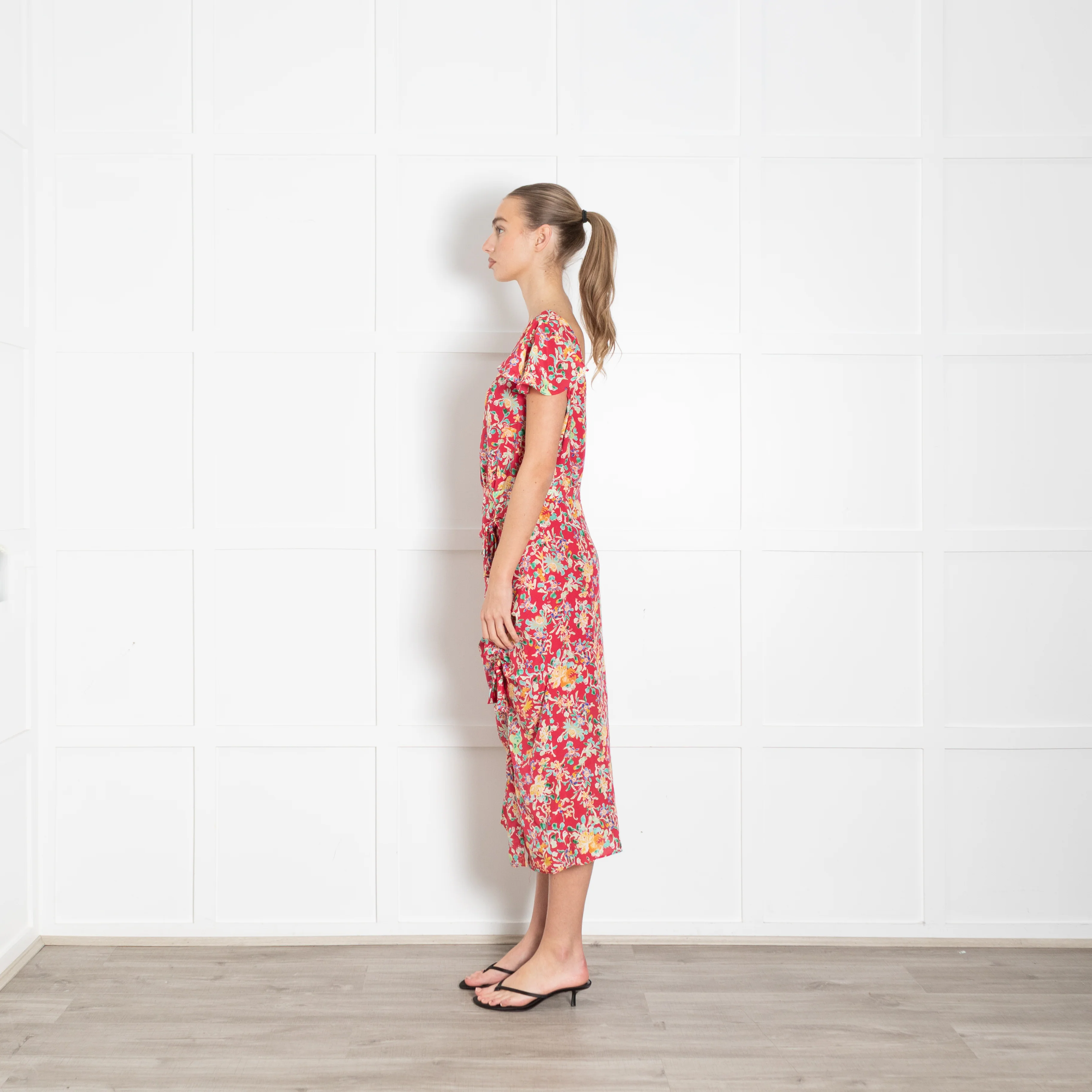 Saloni Red Green Floral Frill And Bow Detail Dress - Image 4
