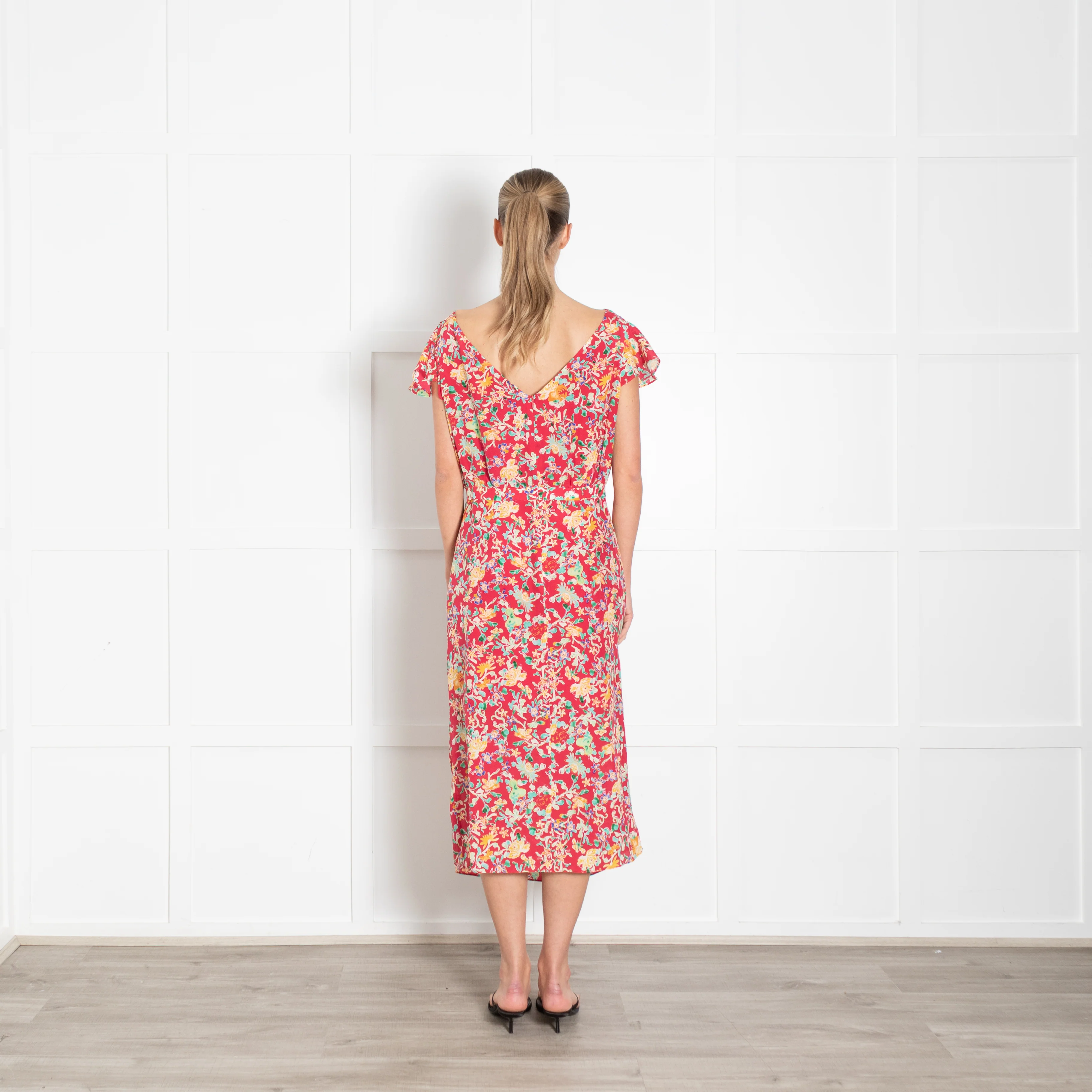 Saloni Red Green Floral Frill And Bow Detail Dress - Image 5