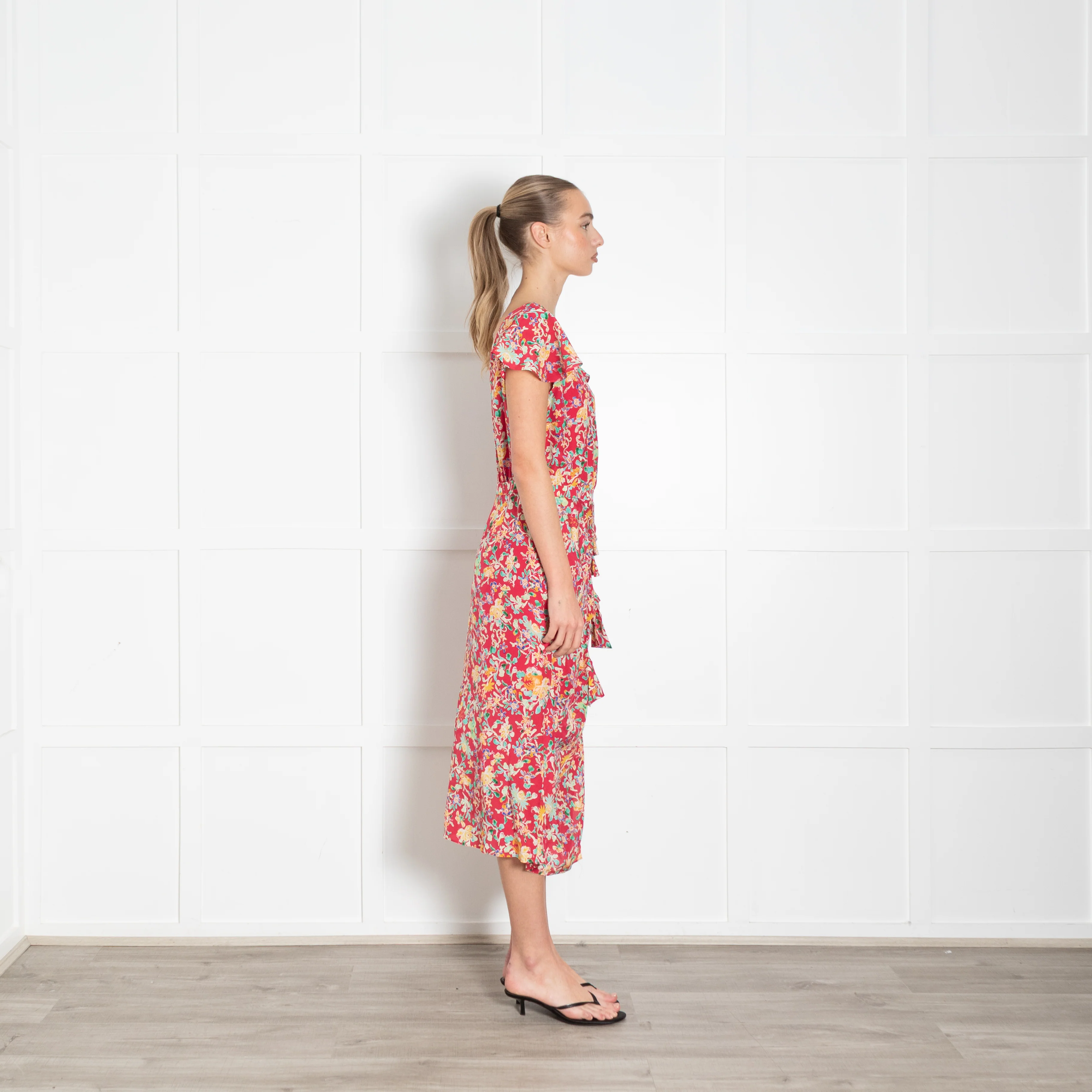 Saloni Red Green Floral Frill And Bow Detail Dress - Image 6