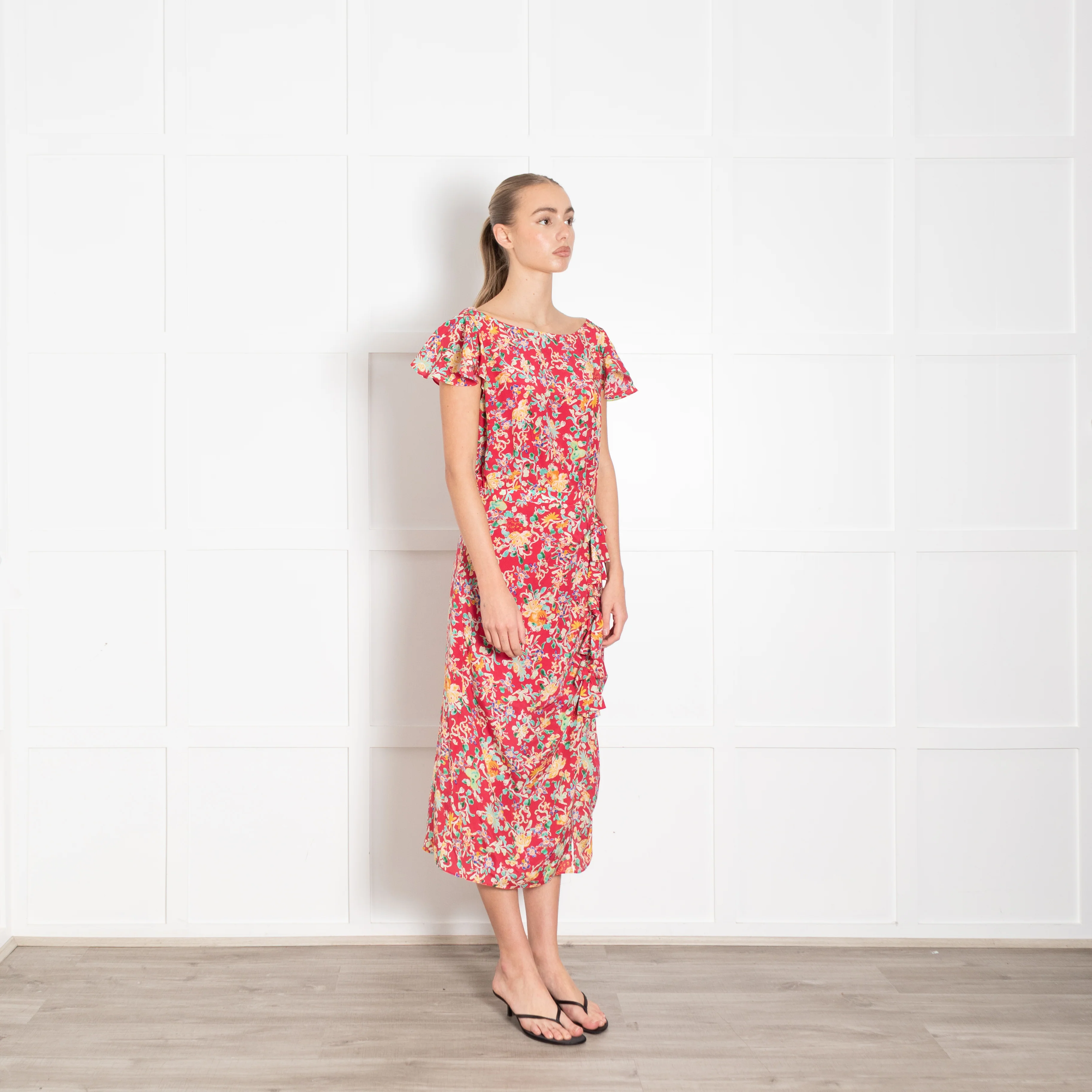 Saloni Red Green Floral Frill And Bow Detail Dress - Image 7