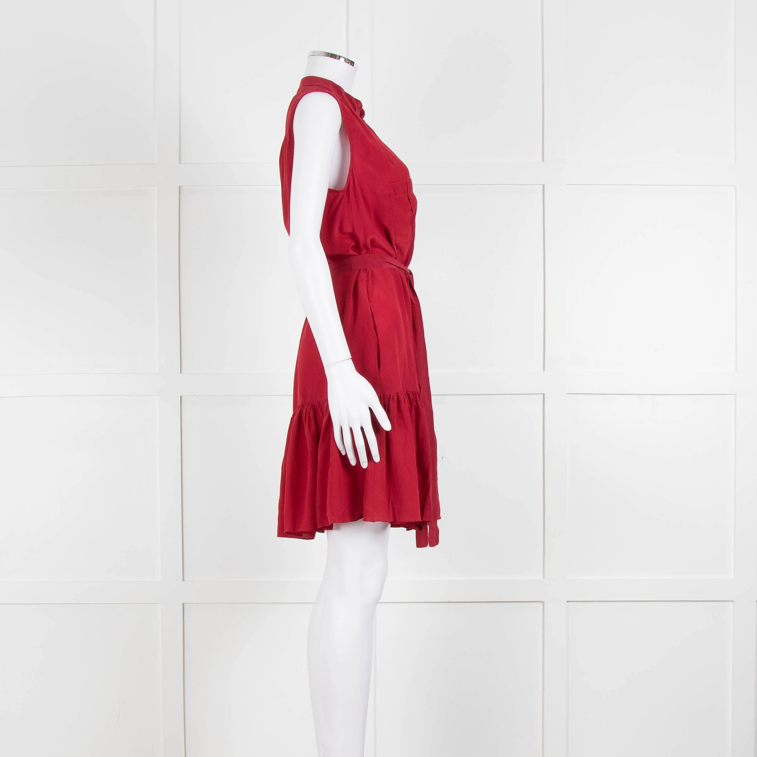 Saloni Red Silk Sleeveless Belted Dress - Image 3