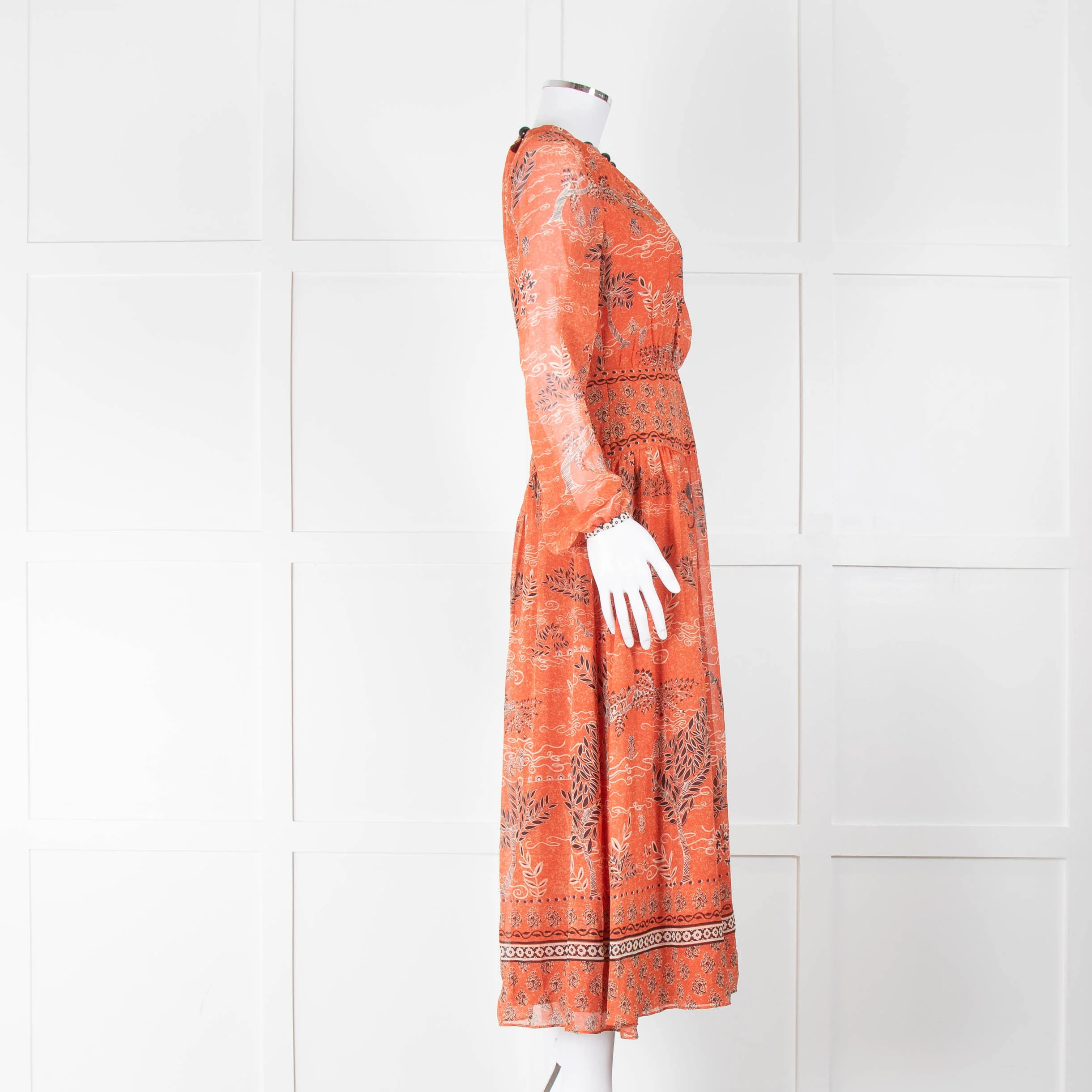 Saloni Thala Orange Silk Long Sleeve Dress With Beaded Neck - Image 2
