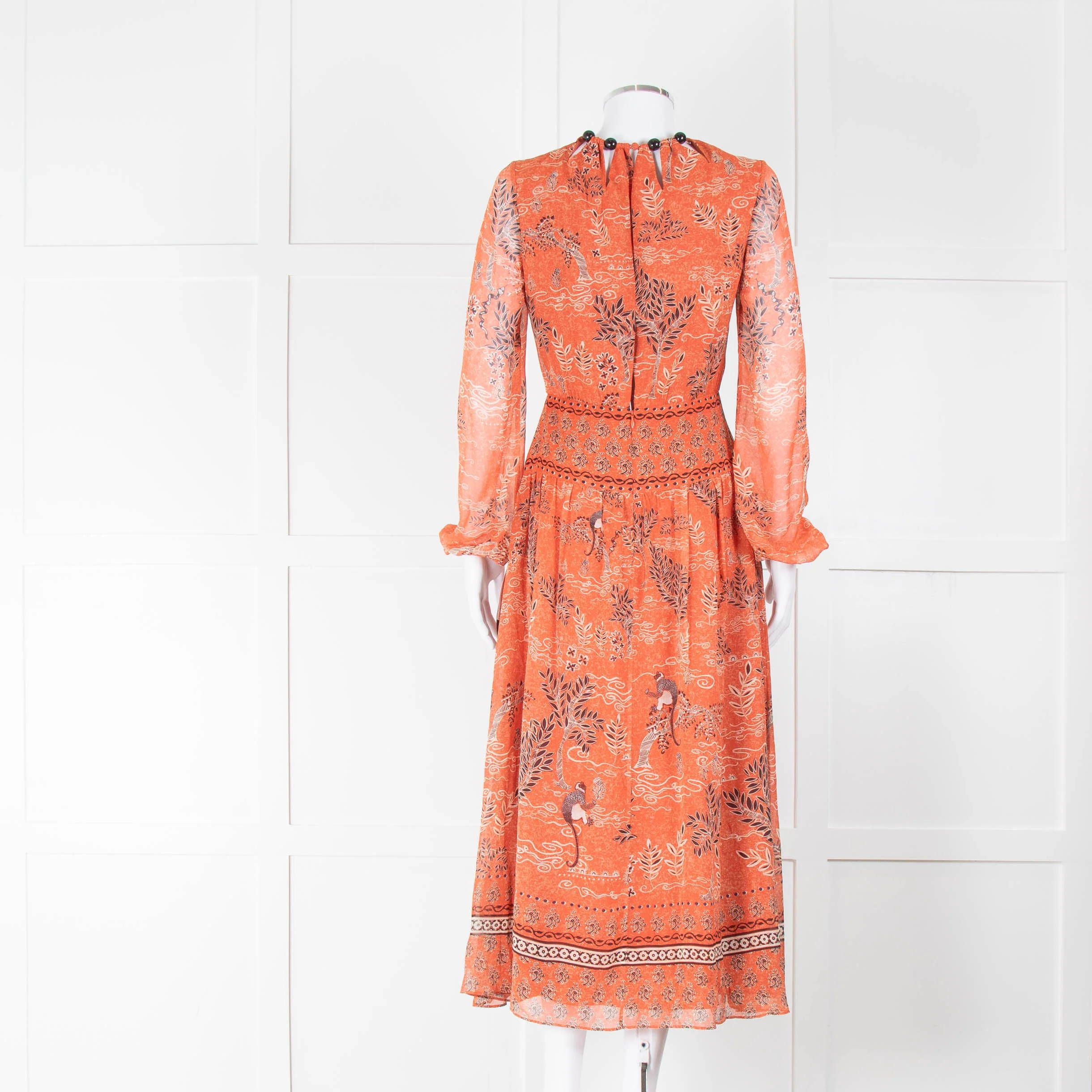 Saloni Thala Orange Silk Long Sleeve Dress With Beaded Neck - Image 3
