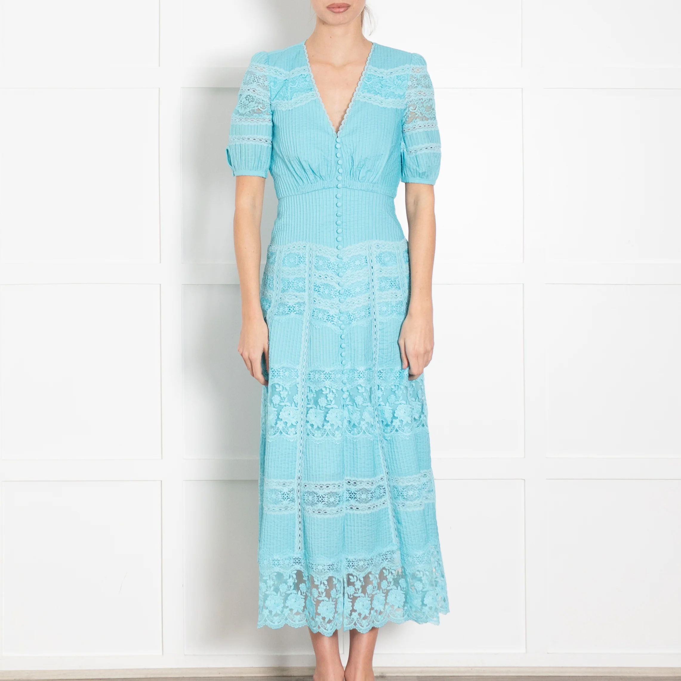 Saloni Turqouise Panelled Pintuck Midi Dress - Image 2