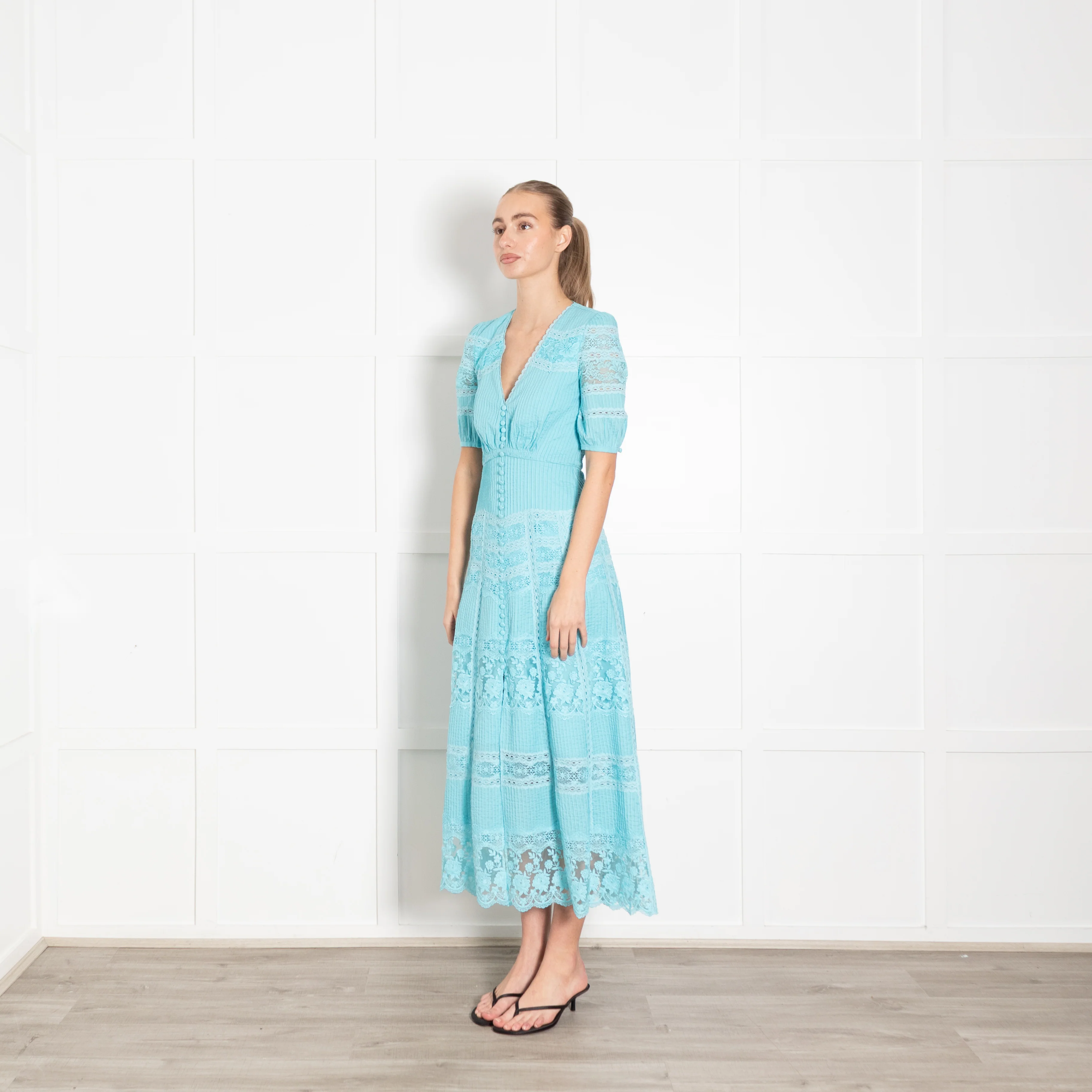Saloni Turqouise Panelled Pintuck Midi Dress - Image 3