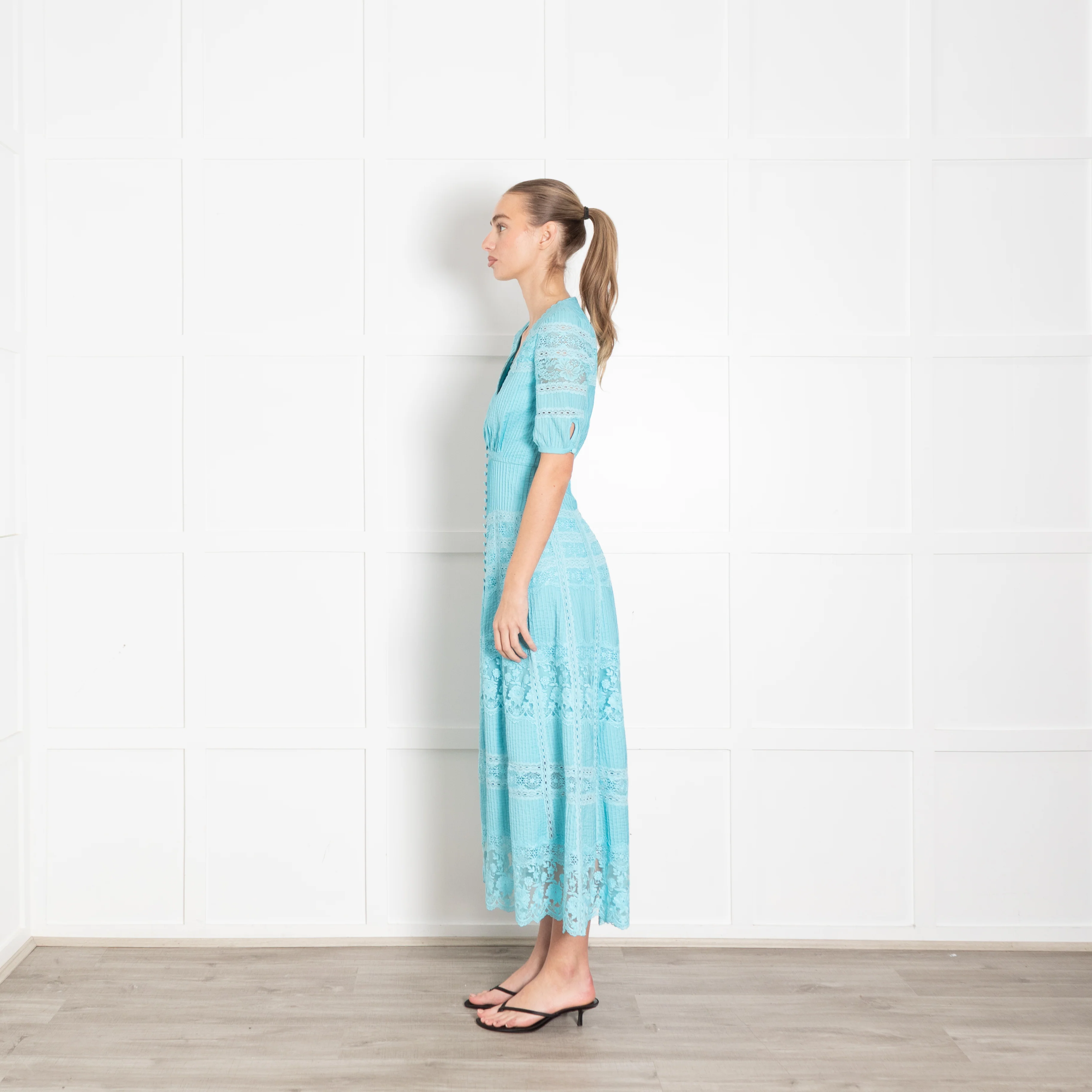 Saloni Turqouise Panelled Pintuck Midi Dress - Image 4