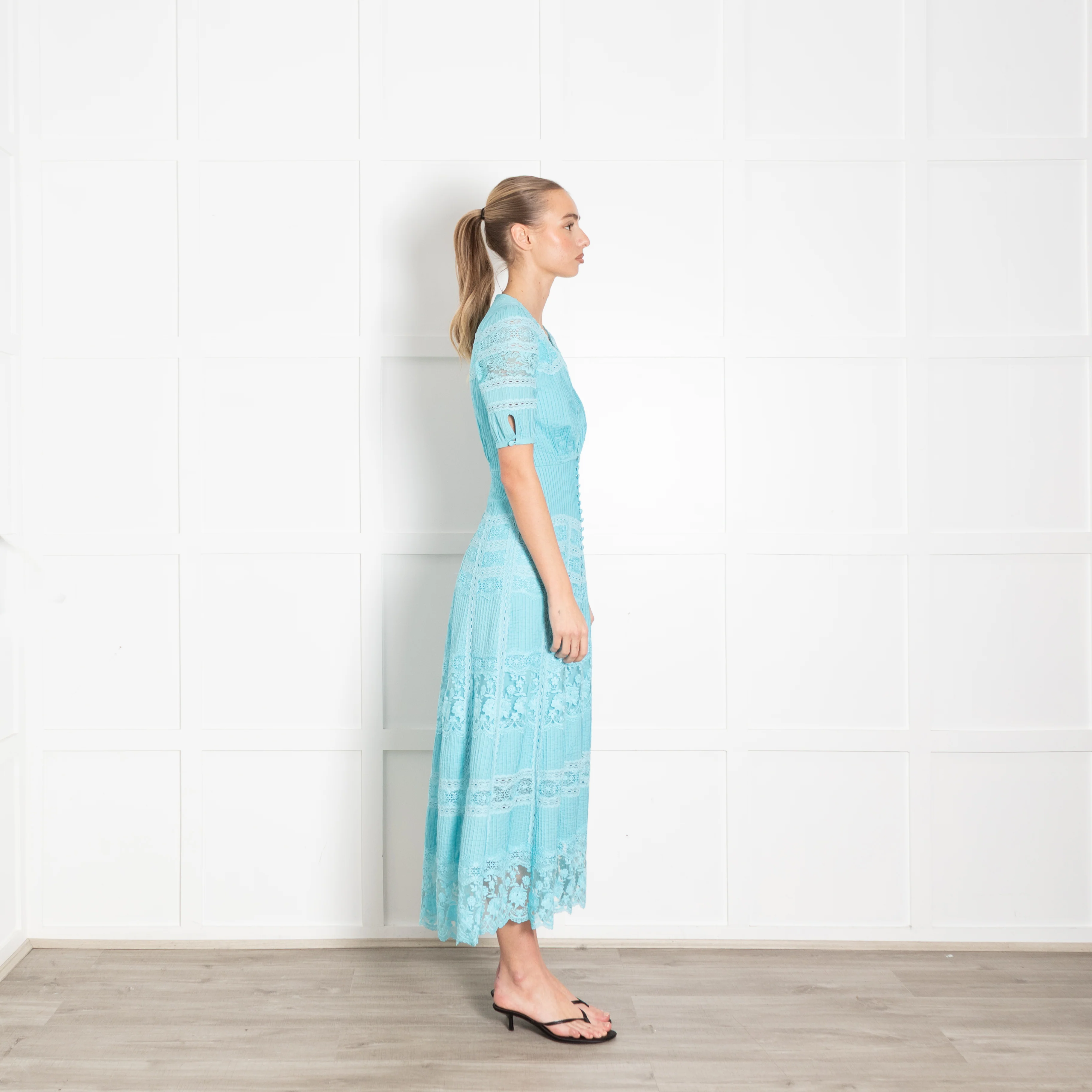 Saloni Turqouise Panelled Pintuck Midi Dress - Image 6