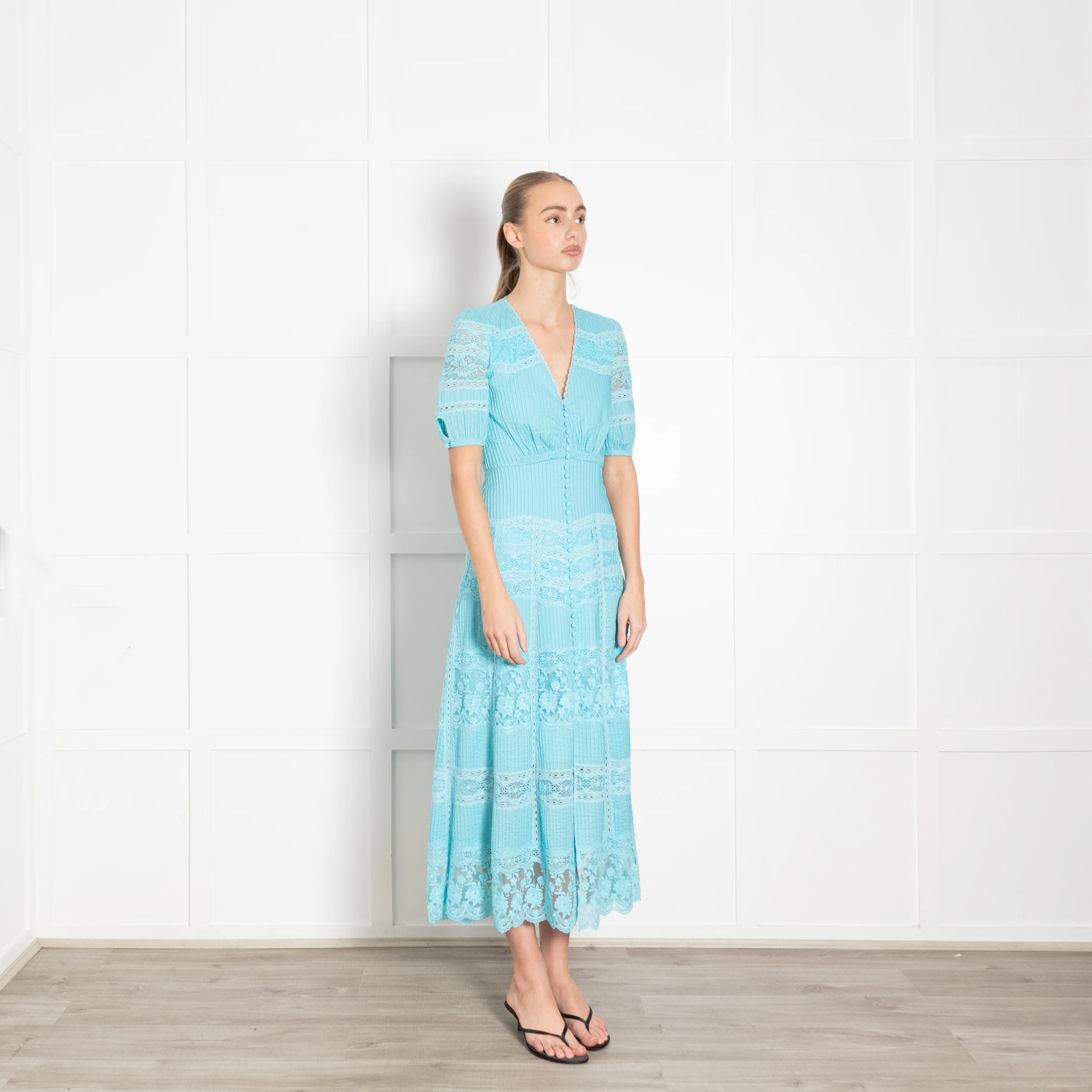Saloni Turqouise Panelled Pintuck Midi Dress - Image 7