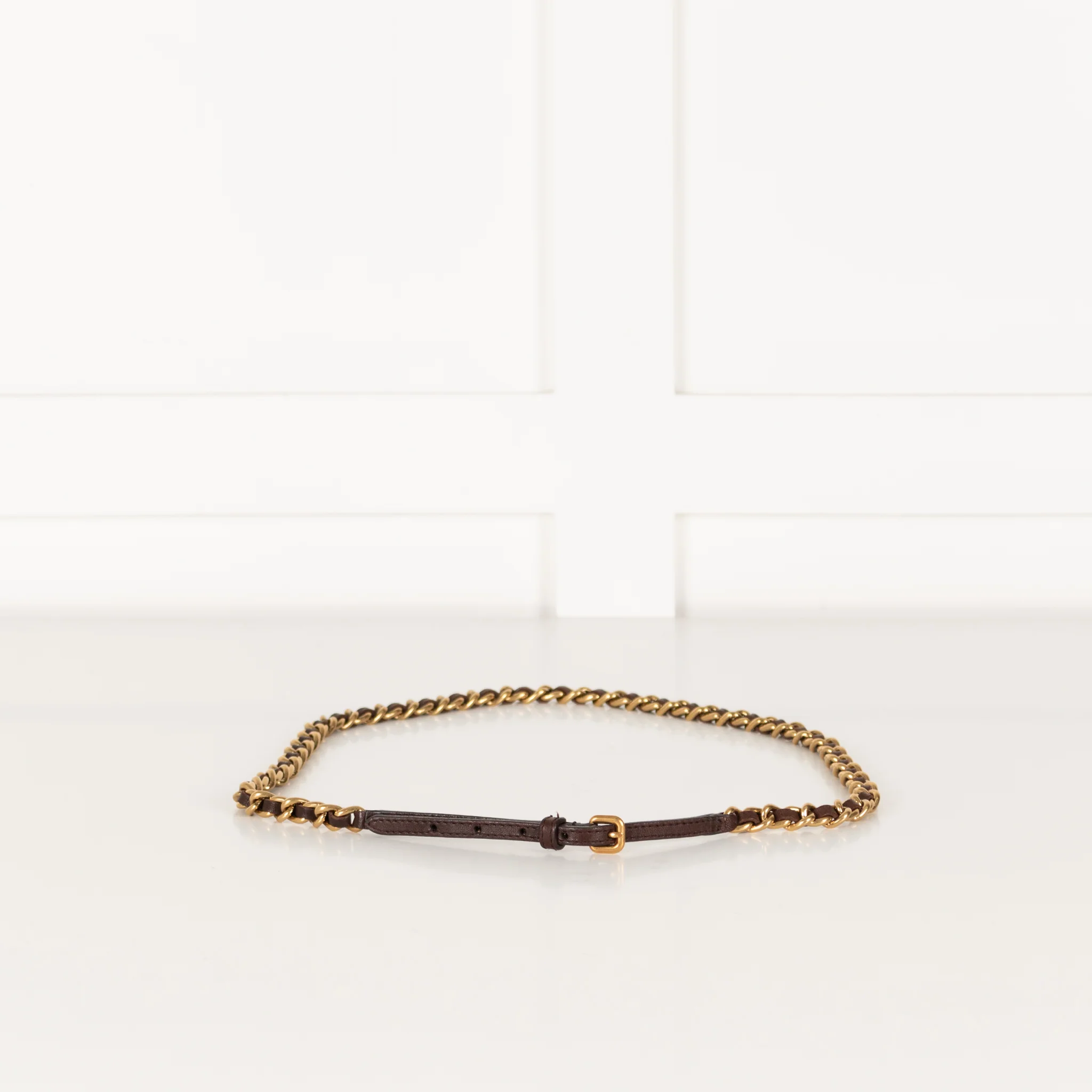 Salvatore Ferragamo Brown Leather Gold Chain Thin Belt