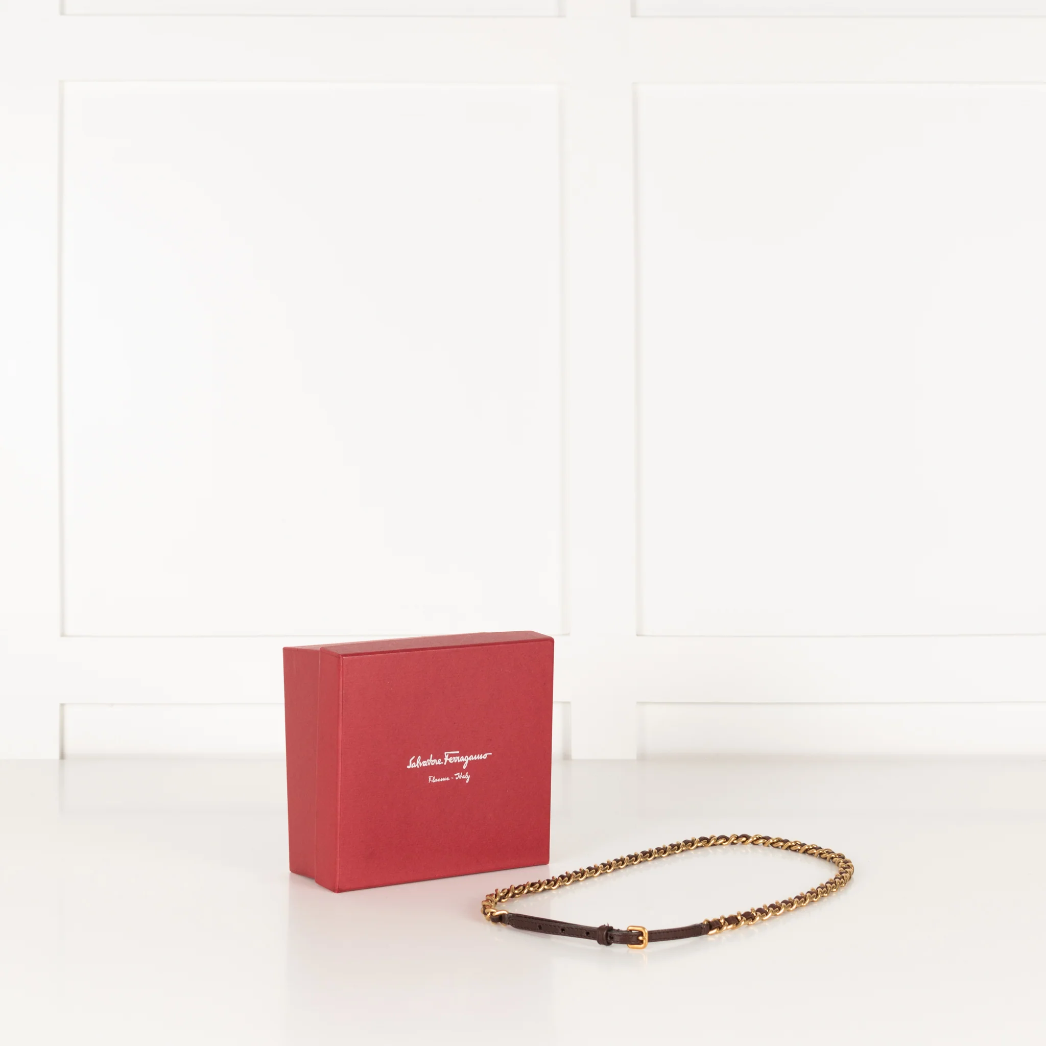 Salvatore Ferragamo Brown Leather Gold Chain Thin Belt - Image 2