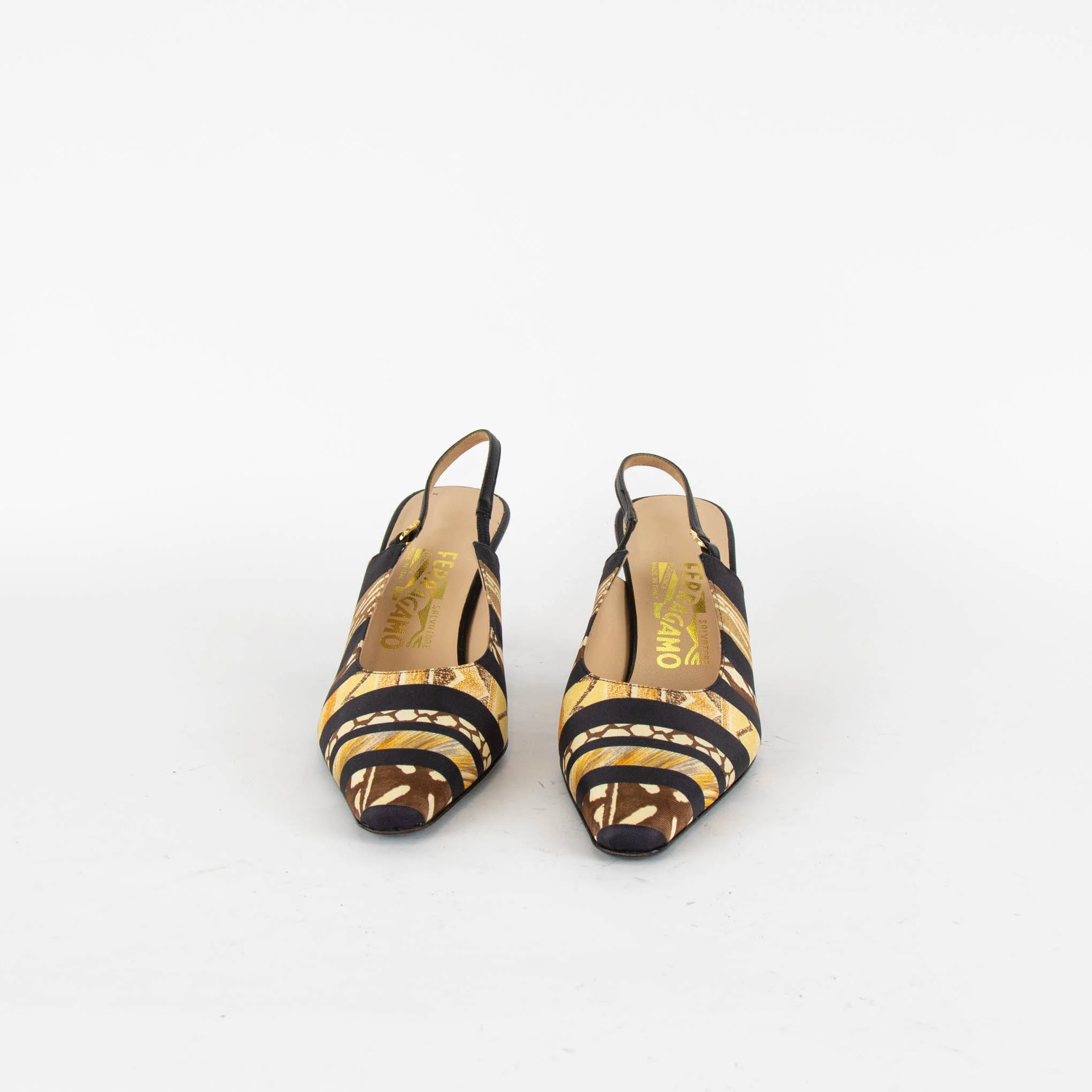 Salvatore Ferragamo Gold And Black Scarf Print Sling Back Shoes - Image 2