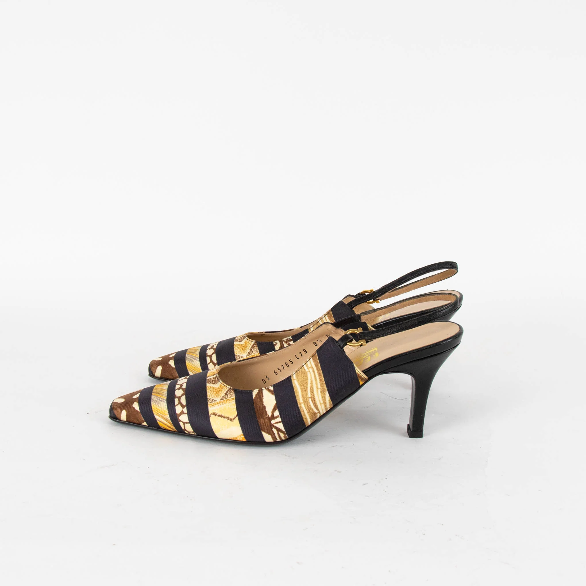Salvatore Ferragamo Gold And Black Scarf Print Sling Back Shoes - Image 3