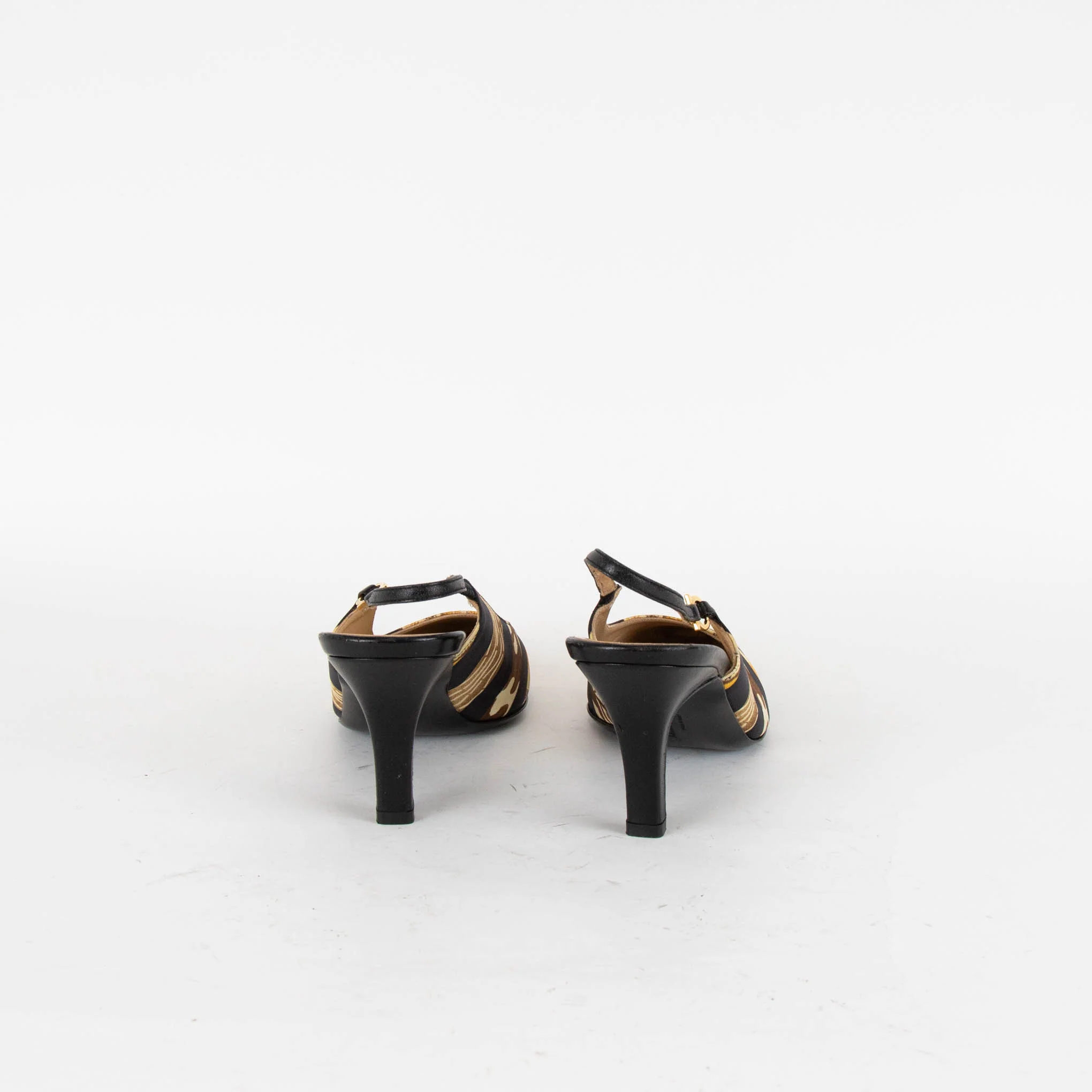 Salvatore Ferragamo Gold And Black Scarf Print Sling Back Shoes - Image 4