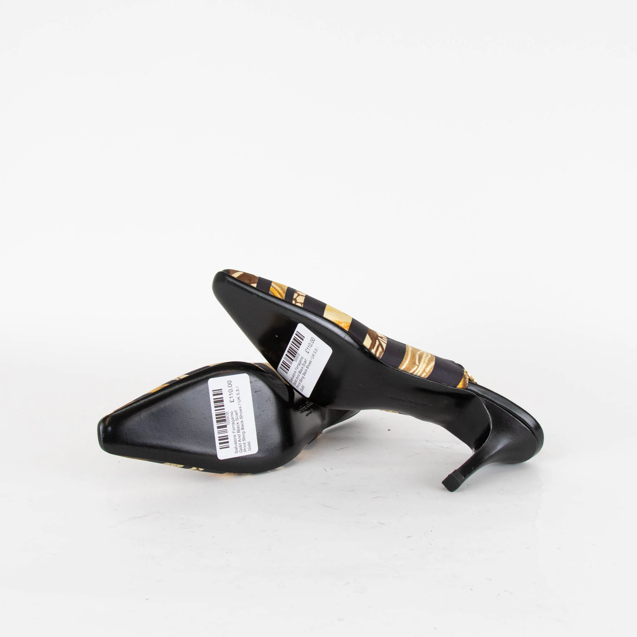 Salvatore Ferragamo Gold And Black Scarf Print Sling Back Shoes - Image 5