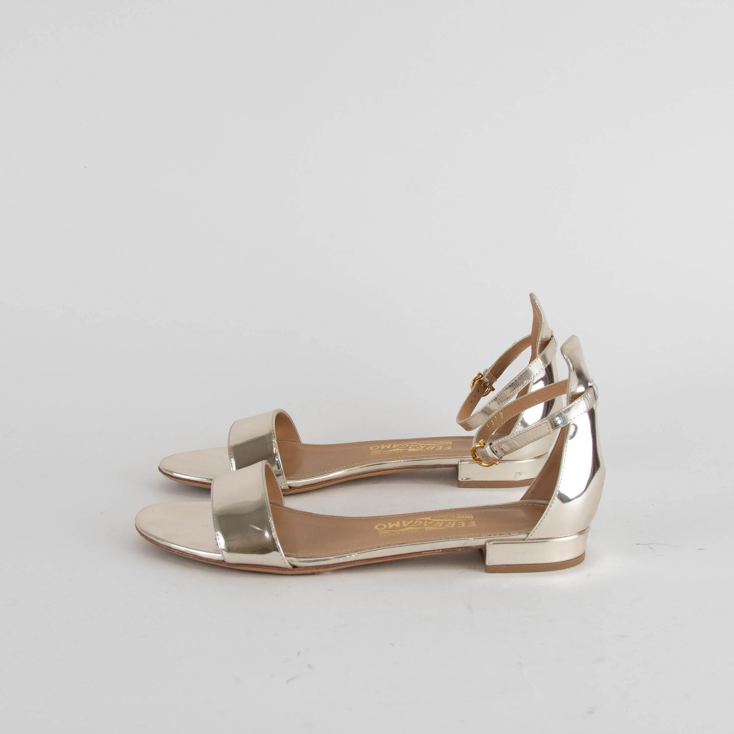 Salvatore Ferragamo Gold Mirror Leather Flat Sandals - Image 4