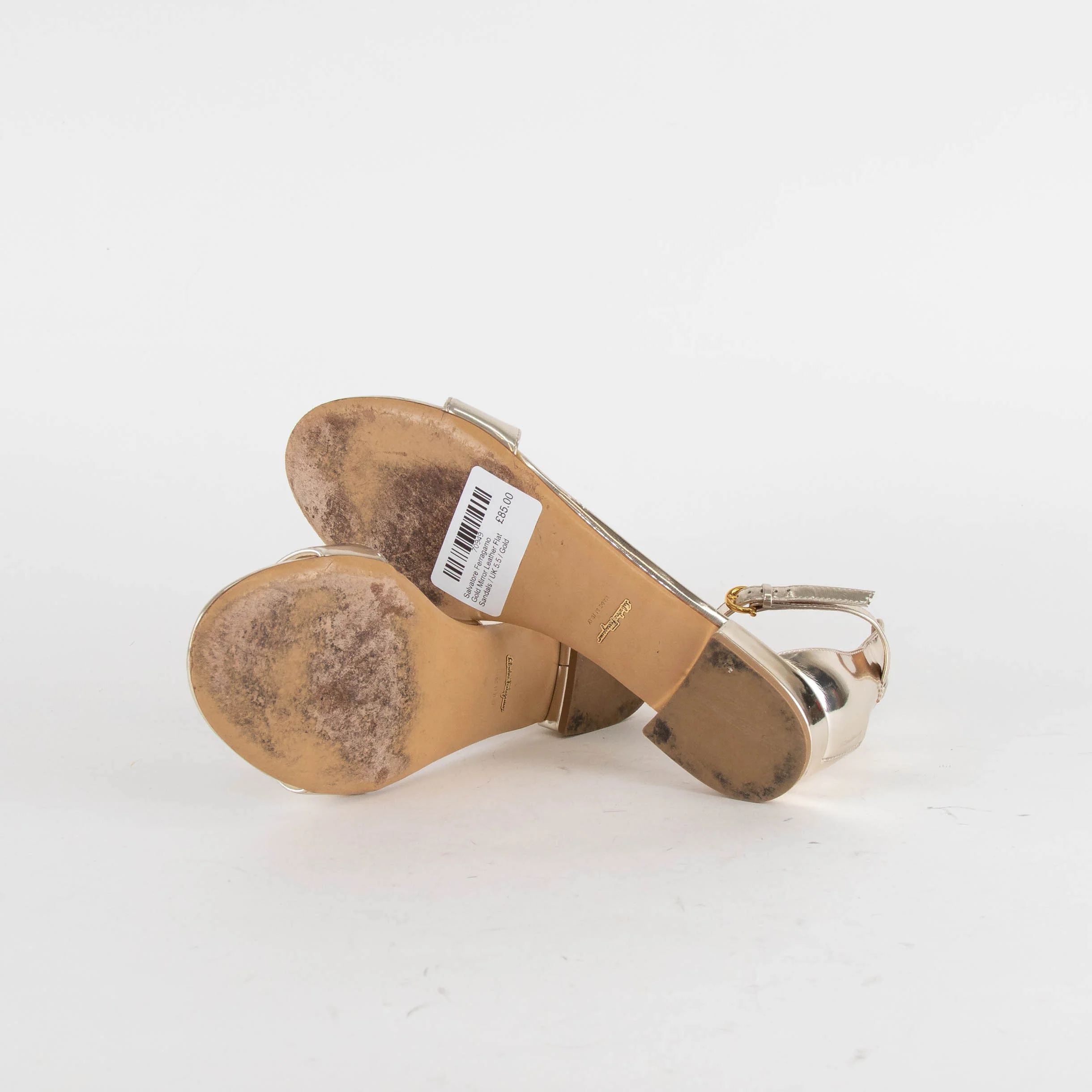 Salvatore Ferragamo Gold Mirror Leather Flat Sandals - Image 7