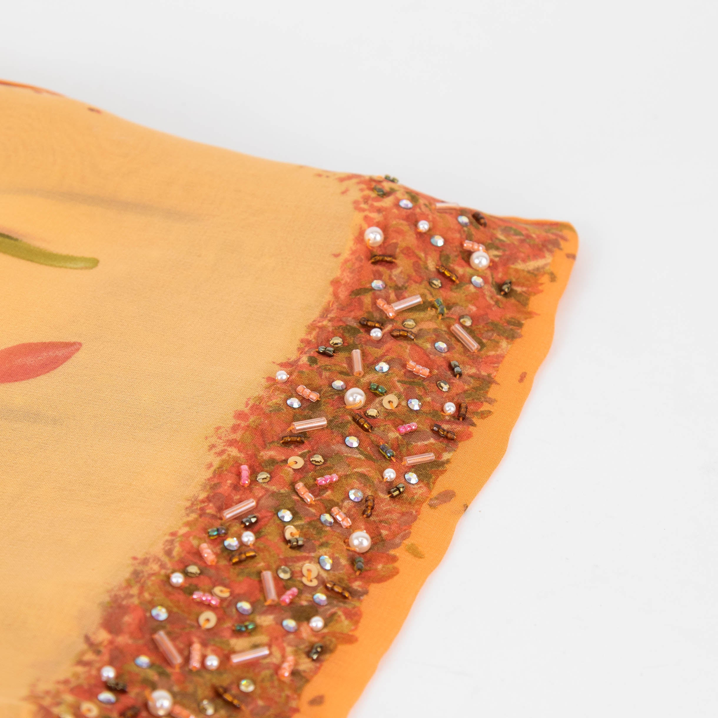 Salvatore Ferragamo Orange Floral Beaded Trim Silk Scarf - Image 2