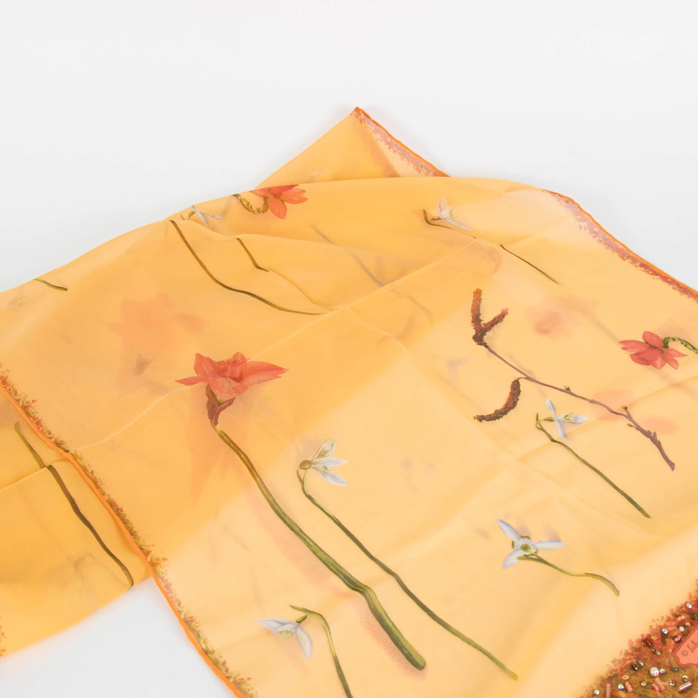 Salvatore Ferragamo Orange Floral Beaded Trim Silk Scarf - Image 5