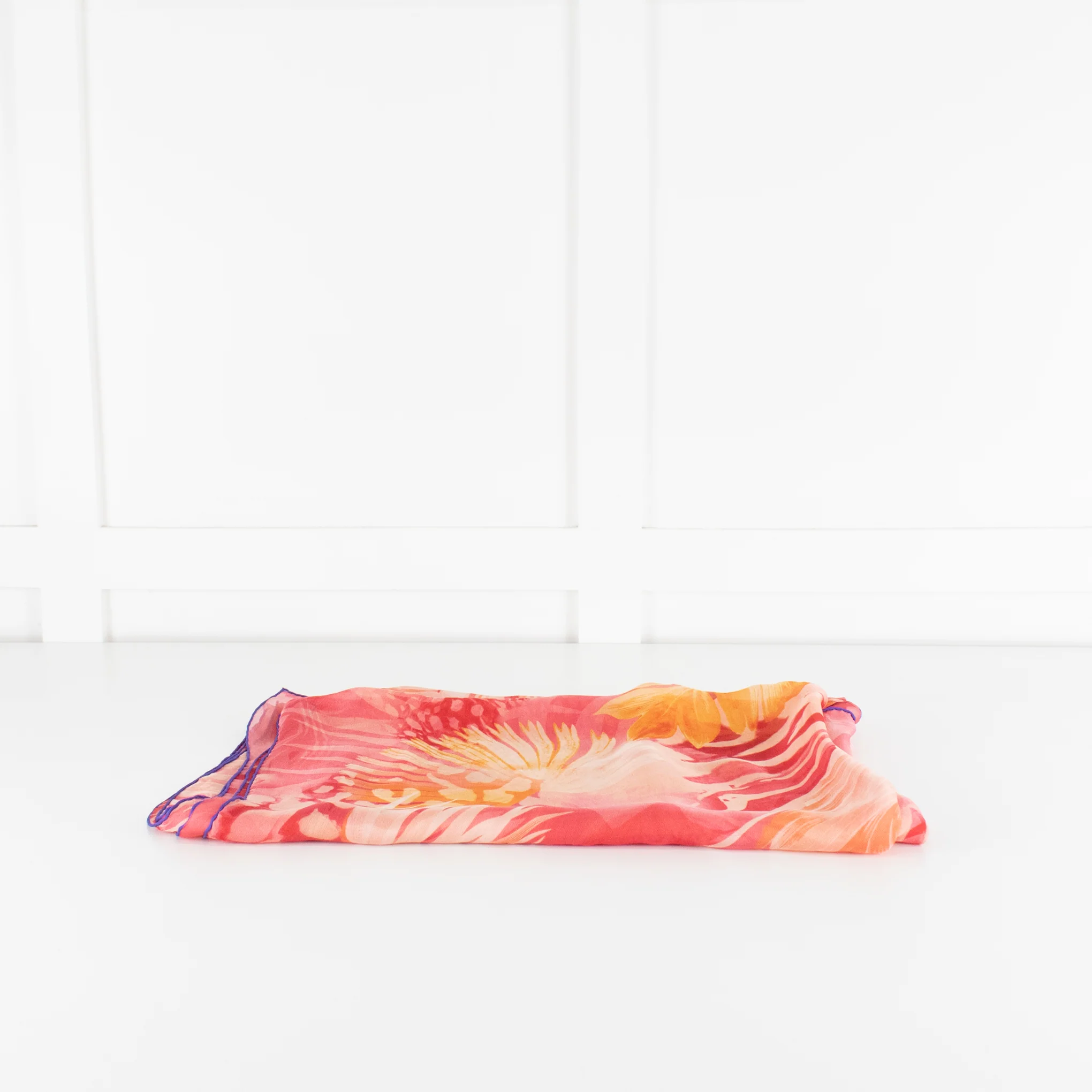 Salvatore Ferragamo Pink and Orange Leaf Print Silk Scarf - Image 2