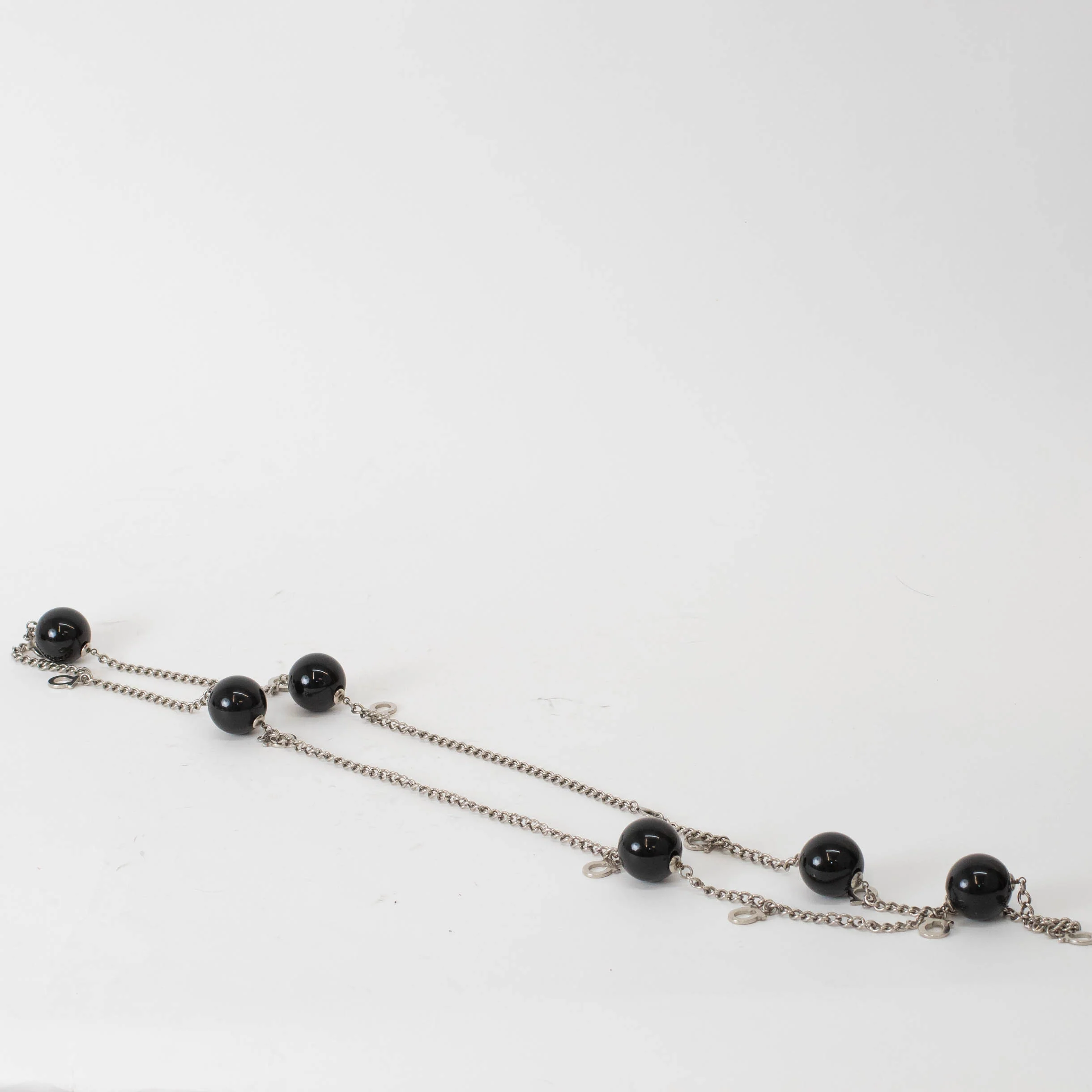 Salvatore Ferragamo Sliver Black Large Faux Pearl Chain Necklace