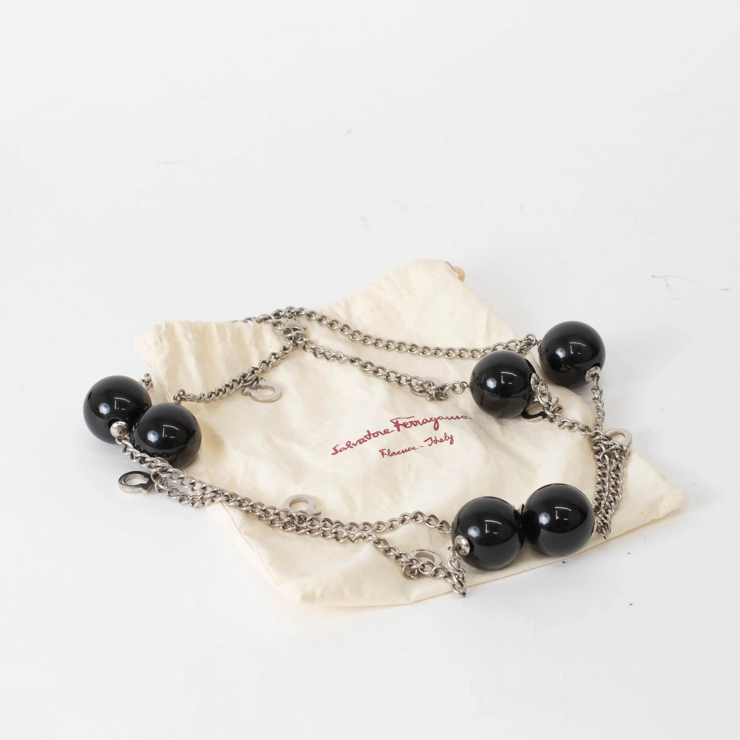 Salvatore Ferragamo Sliver Black Large Faux Pearl Chain Necklace - Image 2